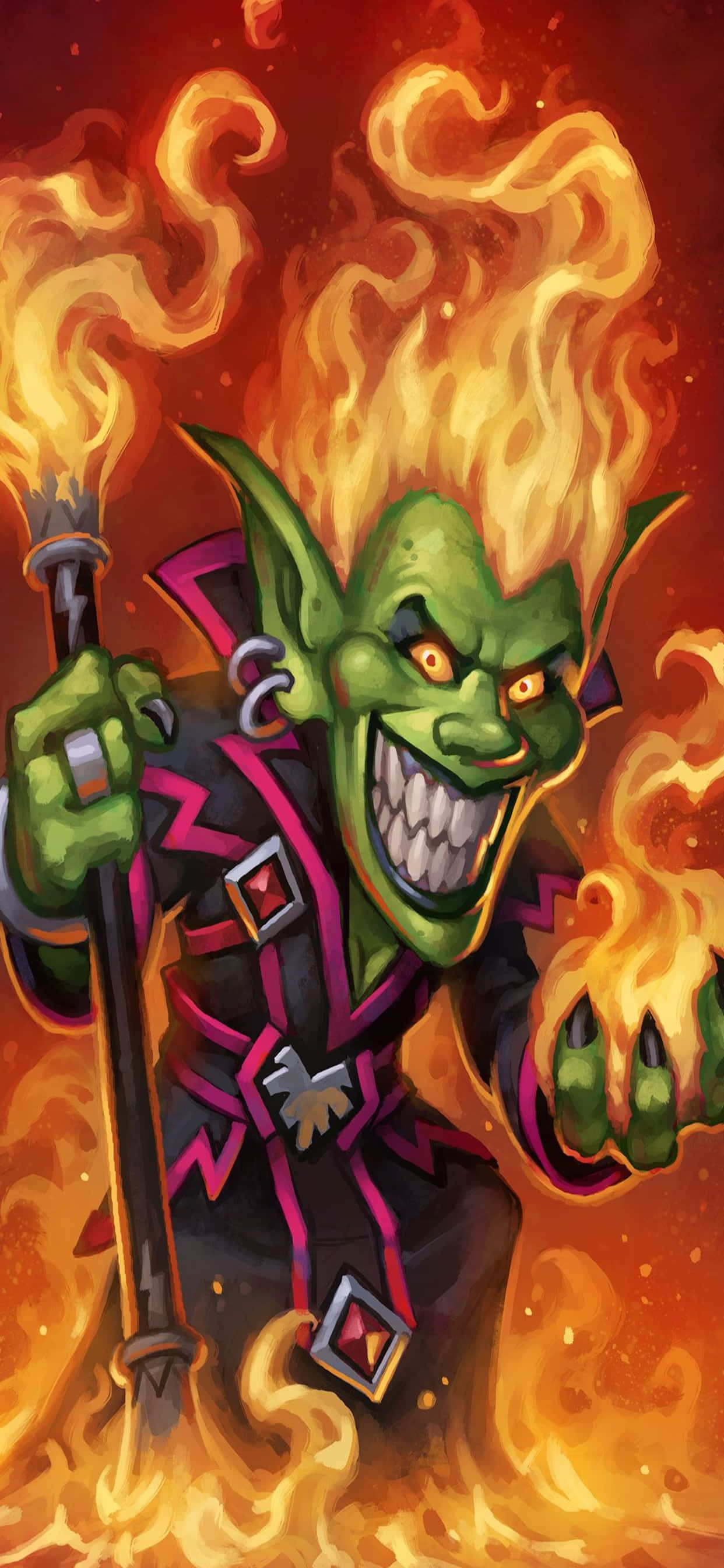 iPhone Xs Max Hearthstone 桌布 壁紙 — 一個綠色哥布林，有著火焰般的頭髮，在熾熱的橙色背景下揮舞著燃燒的火把。