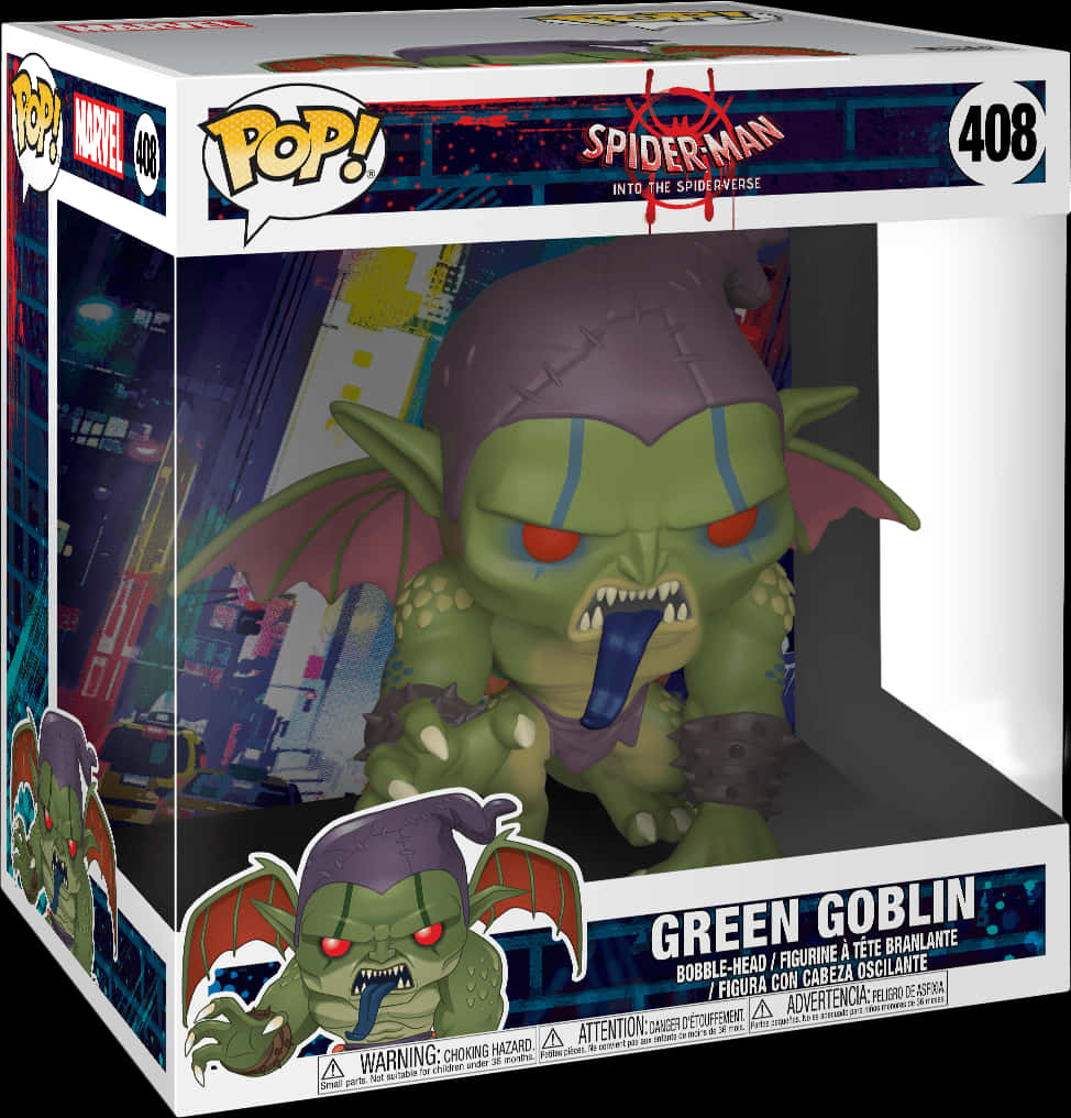 Villain 桌布 壁紙 — 一個綠色哥布林Funko Pop!人偶，紅眼睛，戴紫色帽子，坐在盒子裡，背景是城市景觀。