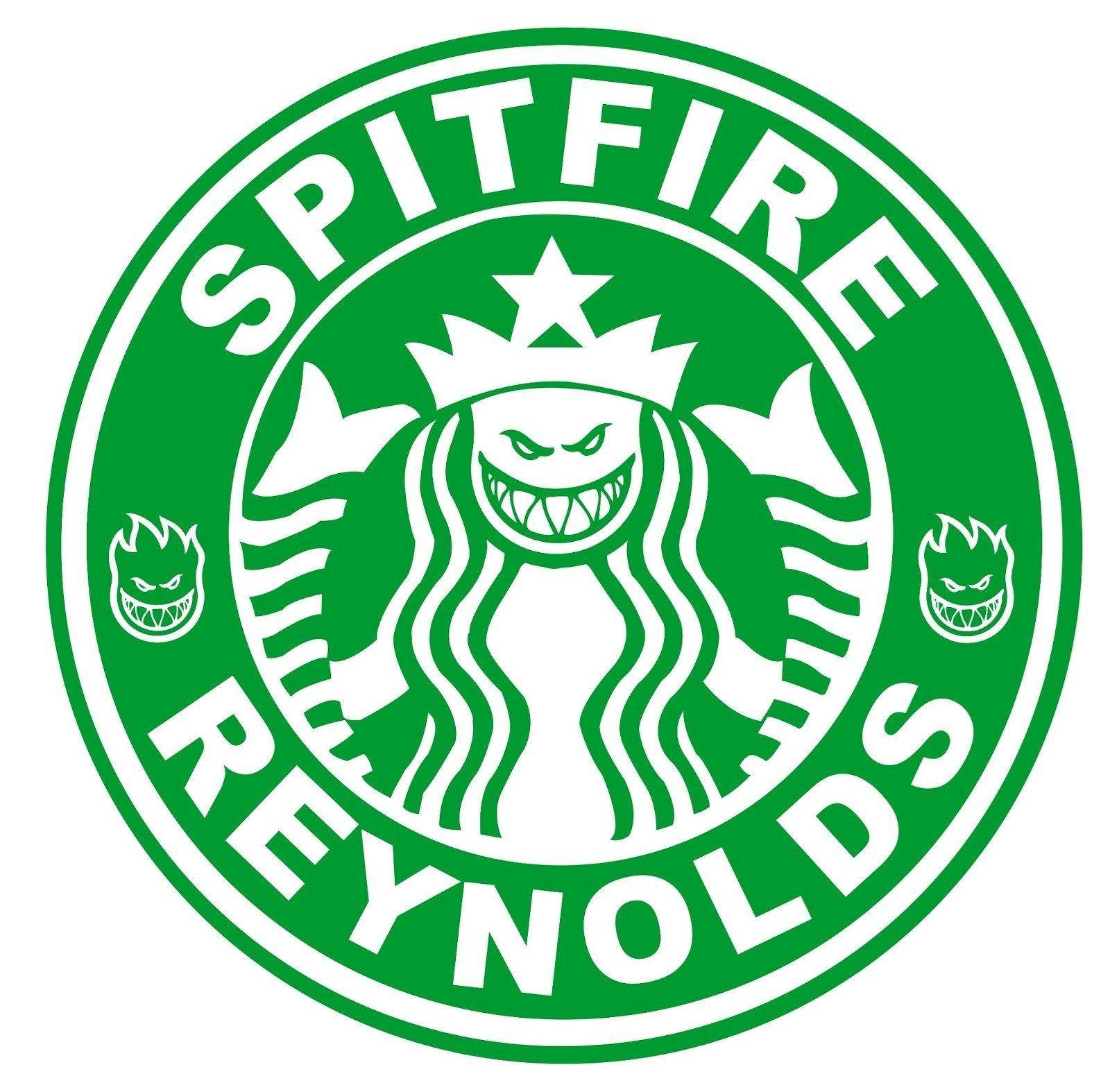 Logo 桌布 壁紙 — 一個綠色圓形標誌，模仿星巴克，帶有咧嘴笑的賽蓮和 Spitfire Reynolds 文字。