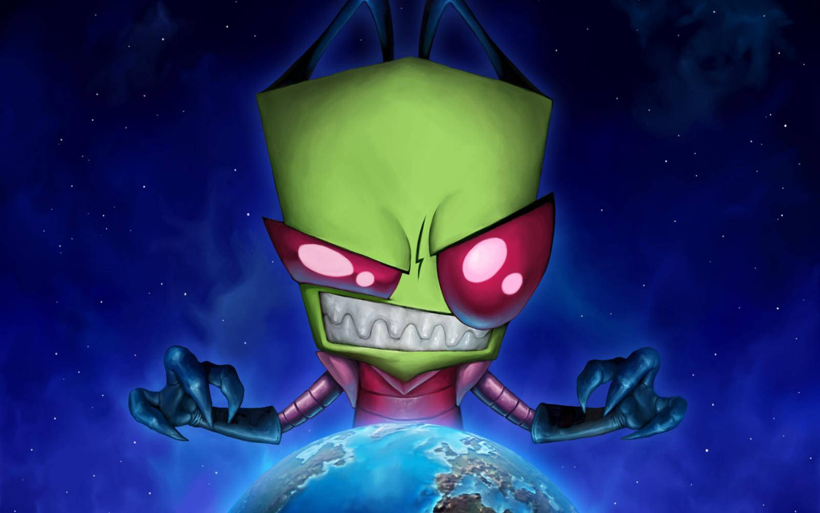Invader Zim 桌布 壁紙 — 一個綠色外星人，有著發光的紅色眼睛和鋒利的牙齒，在星空宇宙背景下威脅性地漂浮在地球上方。