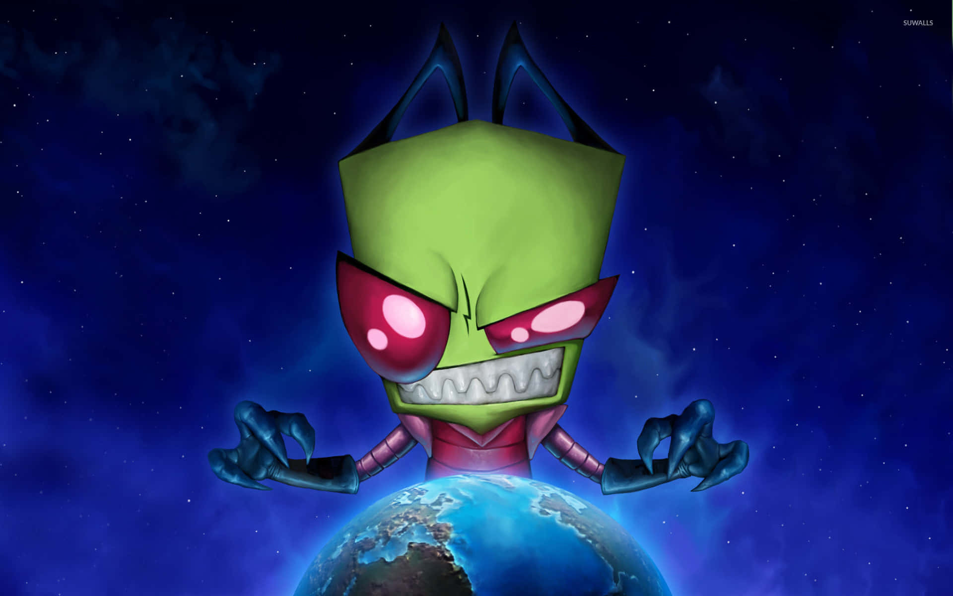 Invader Zim 桌布 壁紙 — 一個綠色外星人，眼睛發出紅光，在藍色星球上冥想，背景是星空宇宙。
