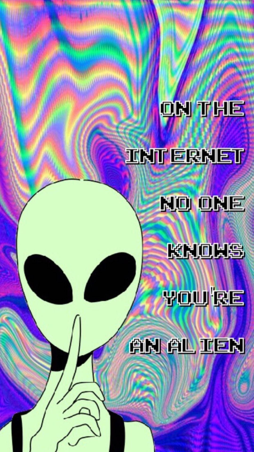 Cool Alien 桌布 壁紙 — 一個綠色外星人將手指放在嘴唇上，站在迷幻彩虹漩渦背景前，上面寫著'on the internet no one knows you're an alien'。