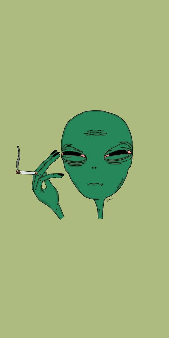 Olive Green 桌布 壁紙 — 一個綠色外星人帶著疲倦的眼睛，在純橄欖色背景前抽煙。
