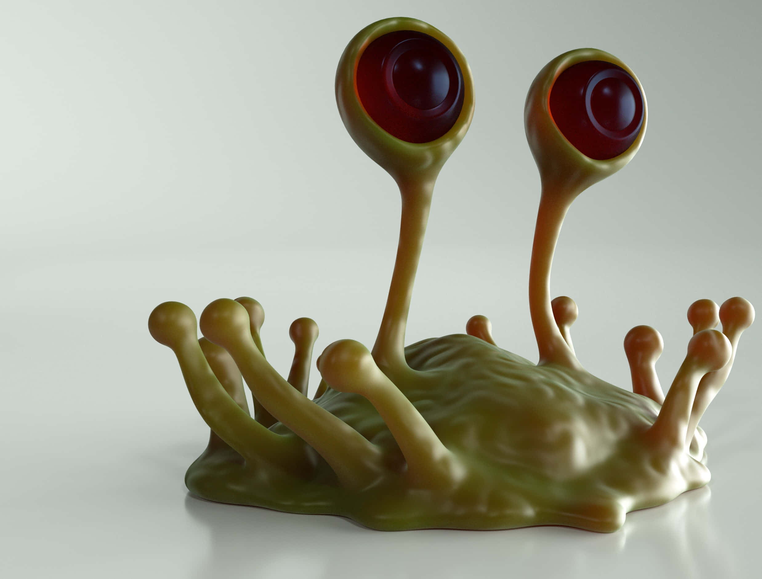 一個綠色外星人的3D模型，擁有紅色眼睛 壁紙