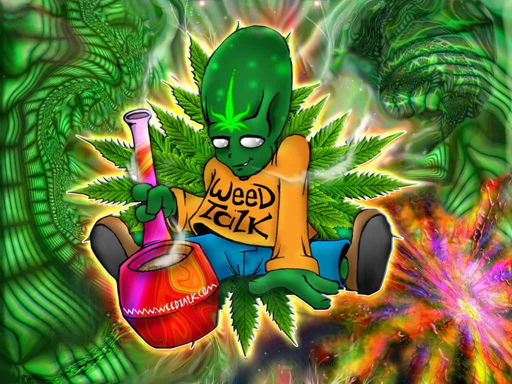 迷幻 桌布 壁紙 — 一個綠色外星人頭頂大麻葉，被大麻葉包圍，手持彩色水煙槍。