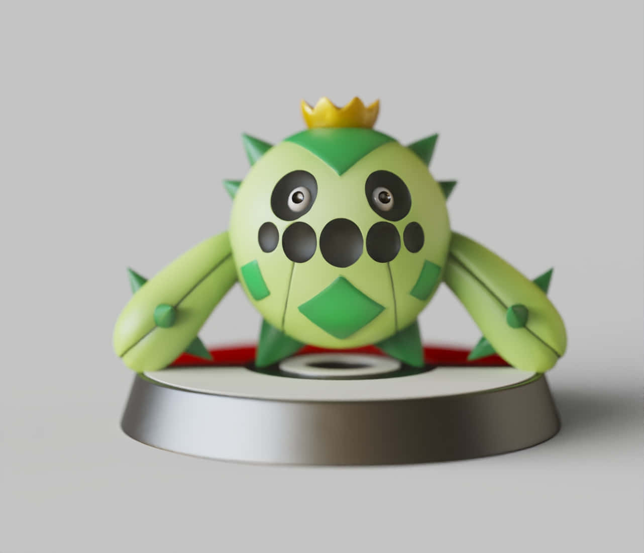 Cacnea 桌布 壁紙 — 一個綠色多刺的寶可夢公仔，戴著金色皇冠，坐在銀色獎盃底座上，背景是純灰色。