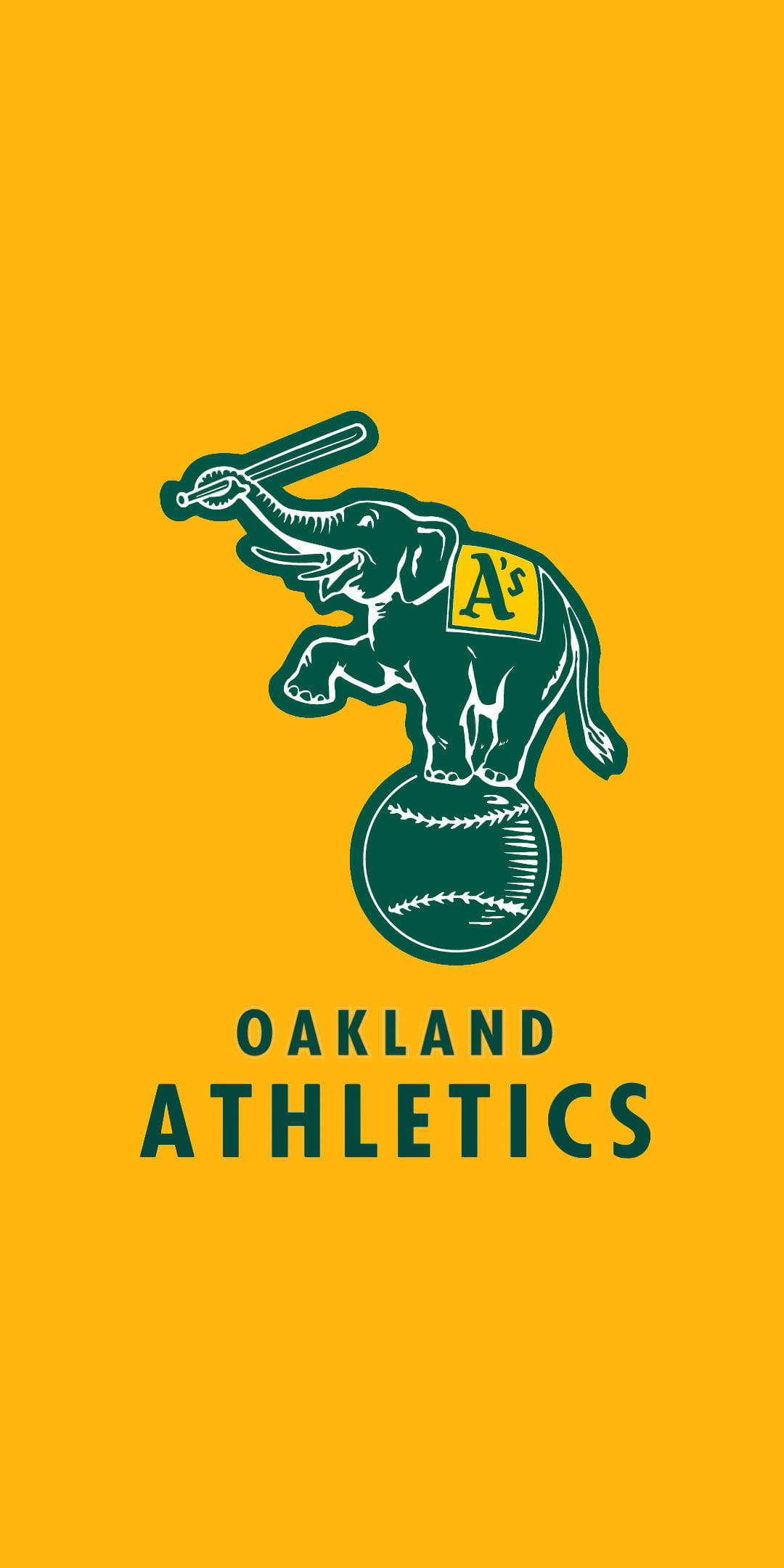 Athletics 桌布 壁紙 — 一個綠色奧克蘭運動家隊大象吉祥物標誌，在純黃色背景上，大象拿著球棒站在棒球上。