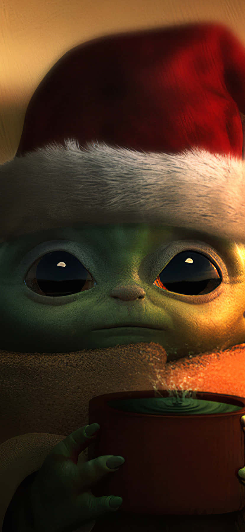 Yoda 桌布 壁紙 — 一個綠色嬰兒外星人的特寫，戴著紅色聖誕帽，拿著一個冒煙的杯子。
