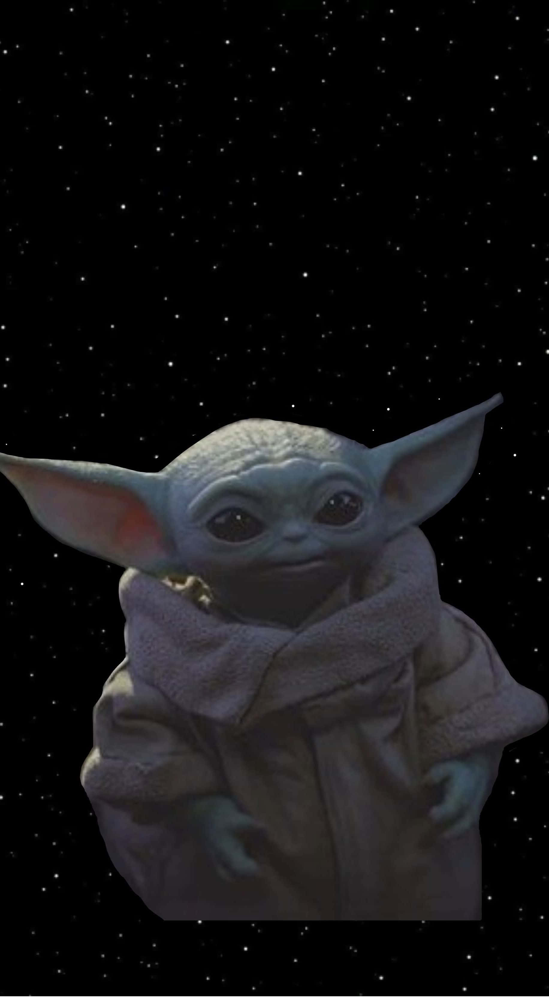 Baby Yoda Phone 桌布 壁紙 — 一個綠色小外星人，有大耳朵和圍巾，站在星空黑色太空背景前。