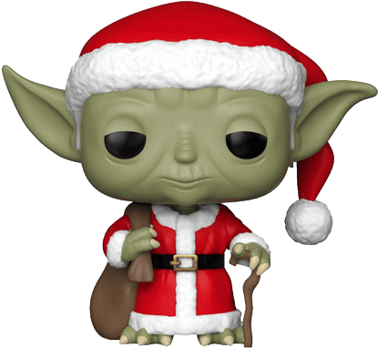 Yoda 桌布 壁紙 — 一個綠色尤達公仔，身穿紅色聖誕老人套裝，配有白色飾邊和相配的帽子，手持一個袋子和一根手杖。
