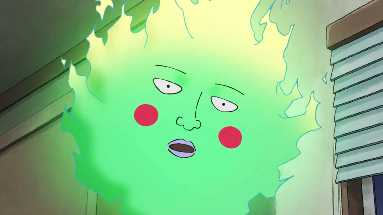 Mob Psycho 100 Ekubo 桌布 壁紙 — 一個綠色幽靈般的動漫角色，臉頰通紅，眼睛圓大，在房間內靠近百葉窗漂浮。