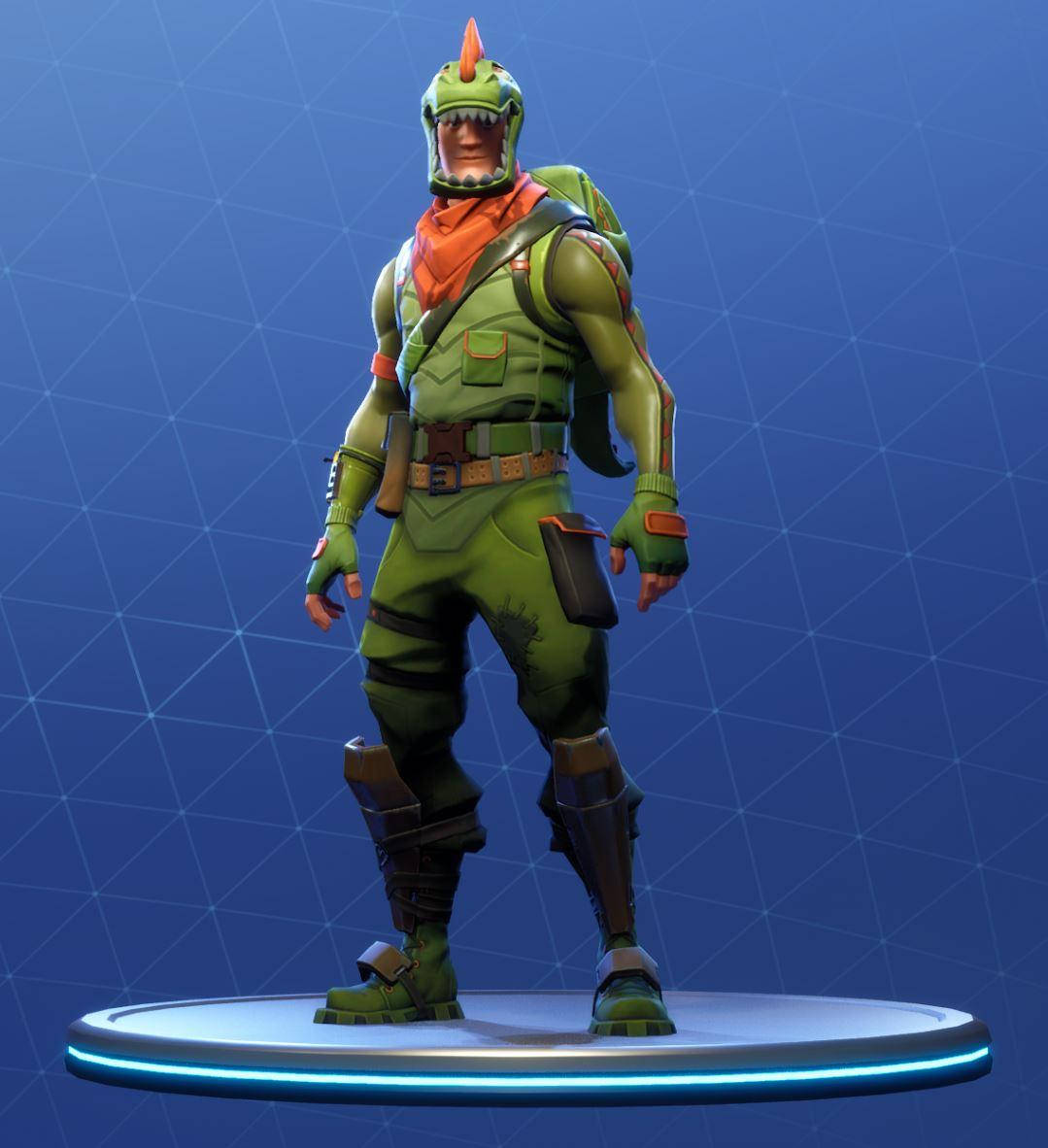 Fortnite 造型 桌布 壁紙 — 一個綠色恐龍主題的Fortnite角色自信地站在發光的藍色平台上，背景是網格圖案的藍色背景。