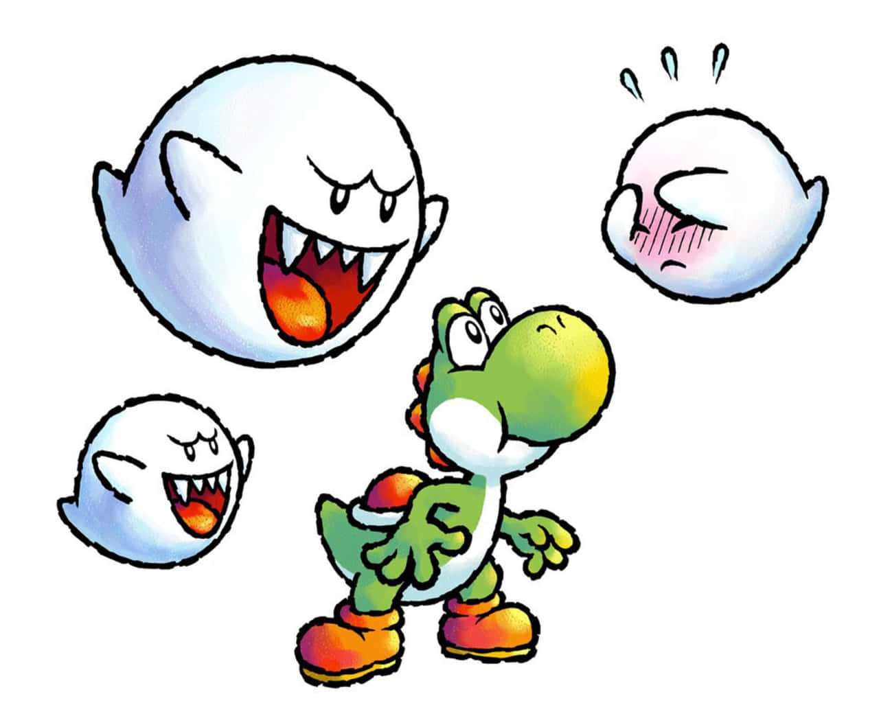 King Boo 桌布 壁紙 — 一個綠色恐龍角色被三個表情誇張的頑皮卡通鬼魂包圍。