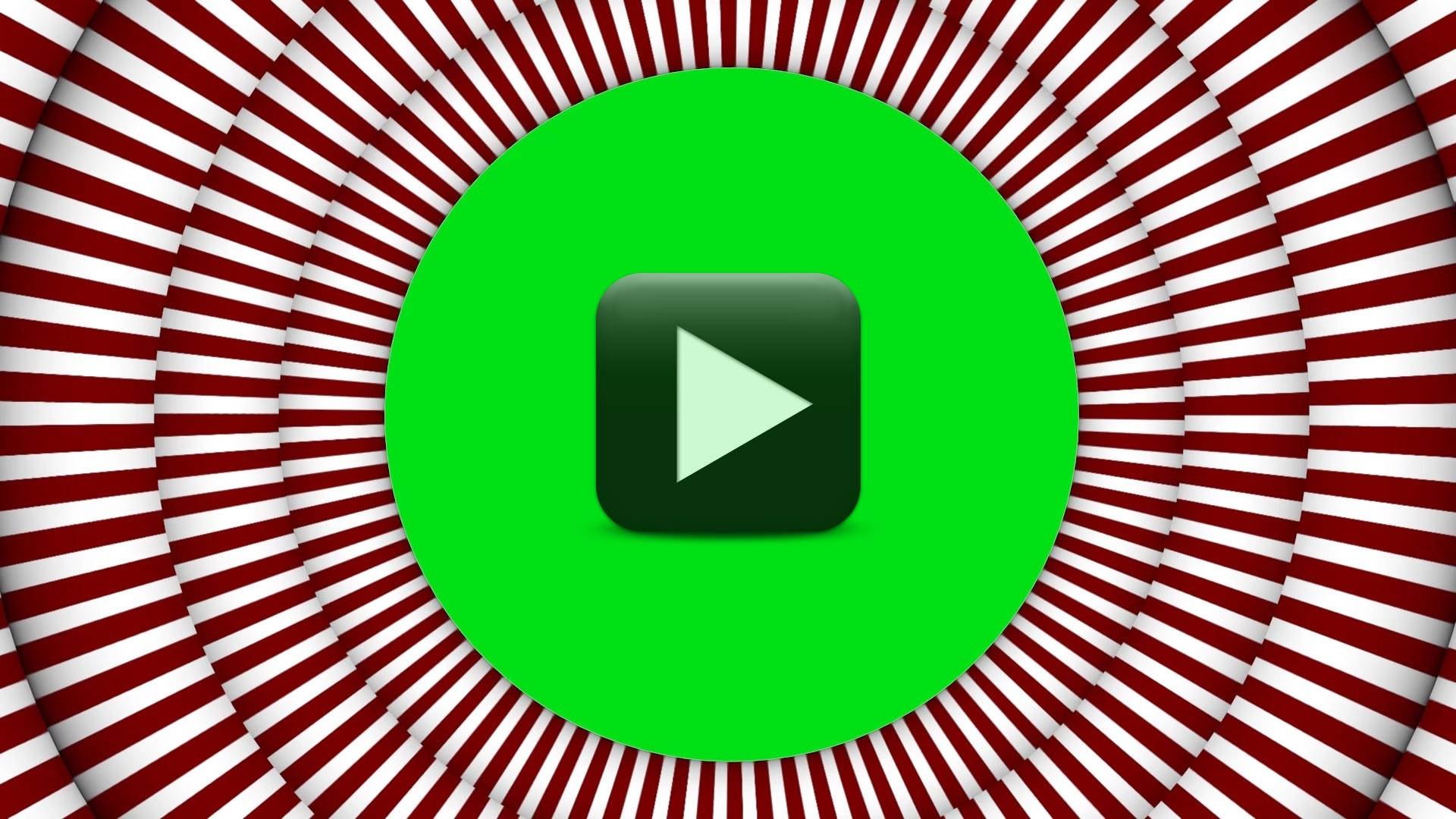 Hypnosis 桌布 壁紙 — 一個綠色播放按鈕居中在催眠般的紅白放射條紋背景上。