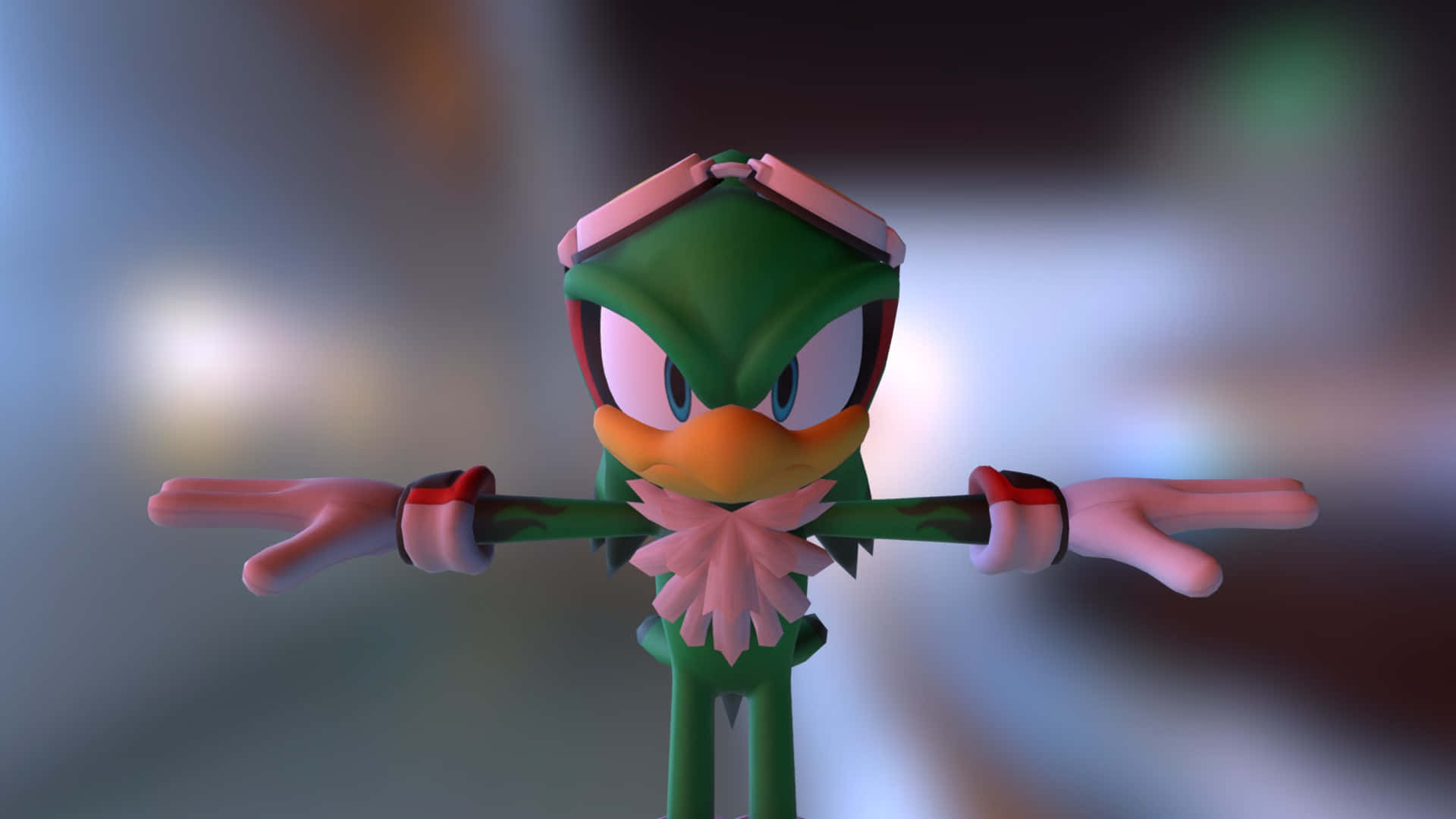 Jet The Hawk 桌布 壁紙 — 一個綠色擬人化鳥類角色，戴著粉紅色護目鏡和圍巾，在模糊的背景前擺出自信的姿勢。