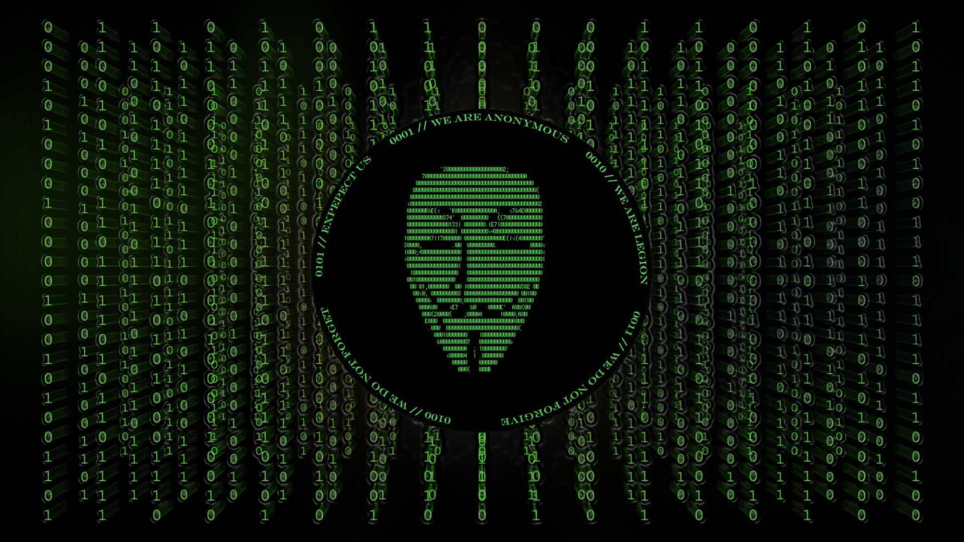 Hacker Full HD 桌布 壁紙 — 一個綠色數位矩陣，由墜落的二進位碼組成，圍繞著中央的Anonymous面具，並帶有we are anonymous字句。