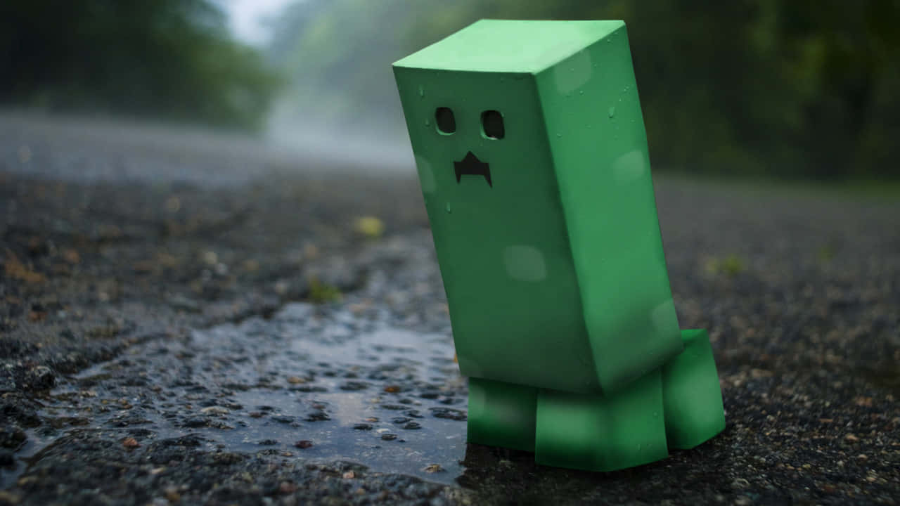 Creeper 桌布 壁紙 — 一個綠色方塊狀的爬行者獨自站在潮濕的柏油路上，天空多雲有霧。