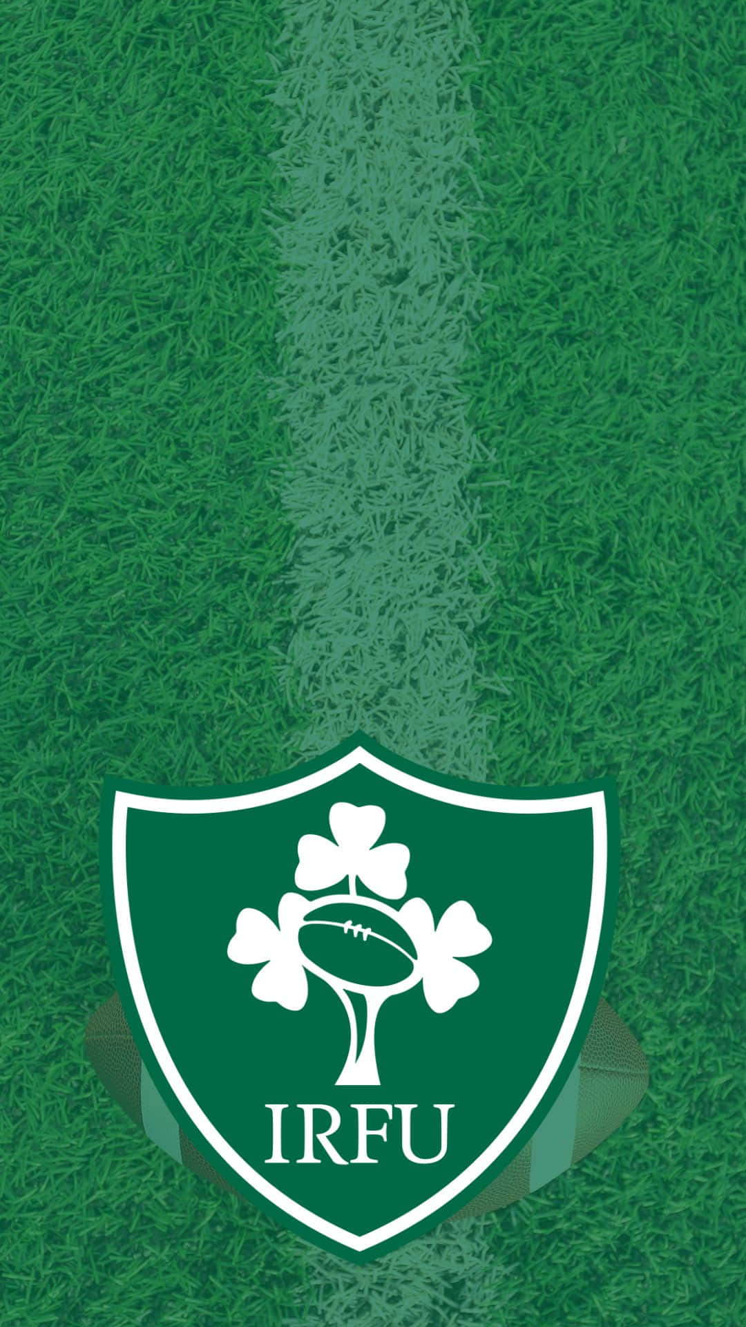 Ireland Rugby 桌布 壁紙 — 一個綠色橄欖球場，帶有白色中線和一個帶有三葉草和球的IRFU盾牌標誌。