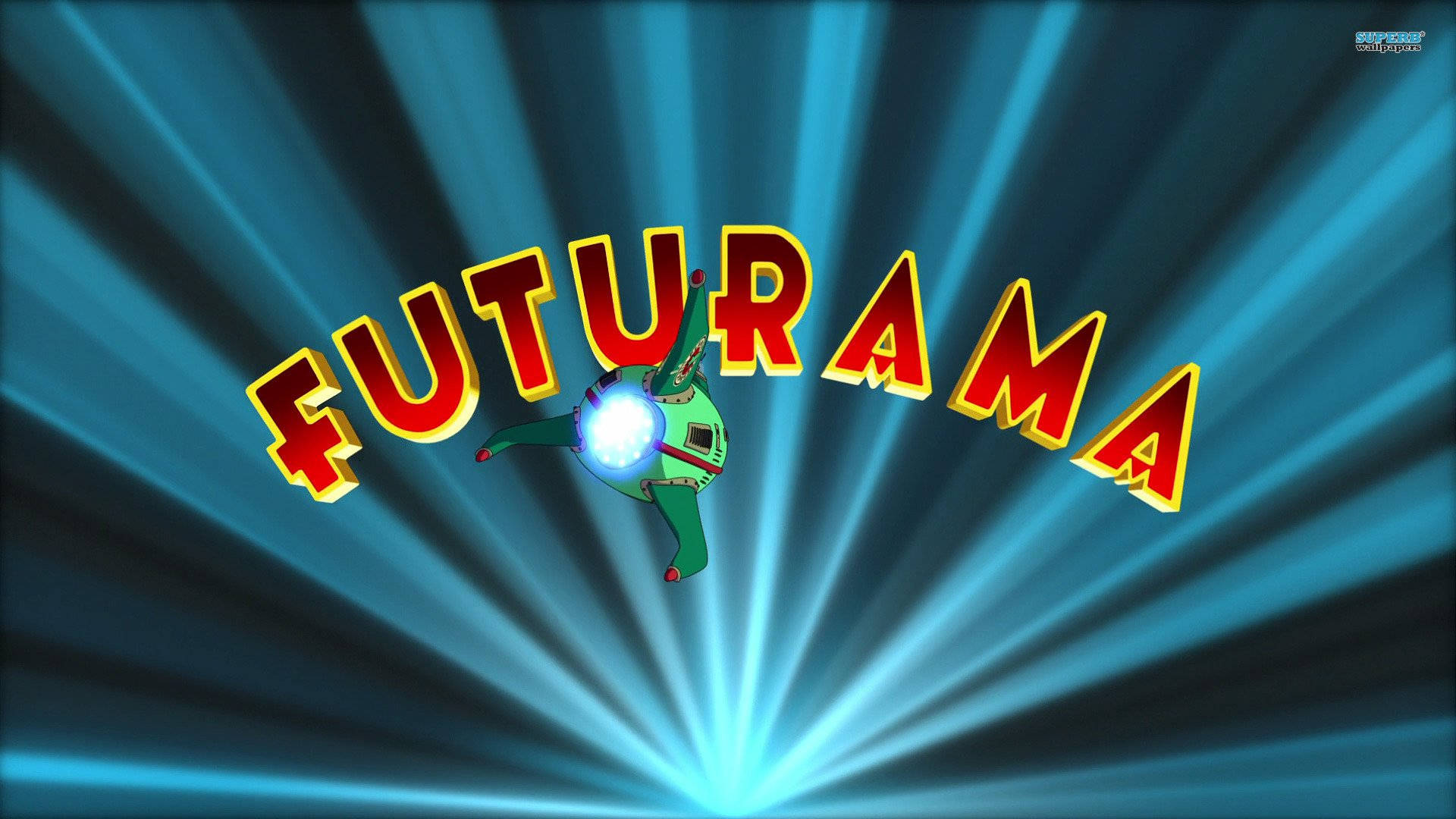 Futurama 桌布 壁紙 — 一個綠色機器人帶著發光的藍色球體，在粗體紅色Futurama標誌後方穿過藍色放射狀光爆。