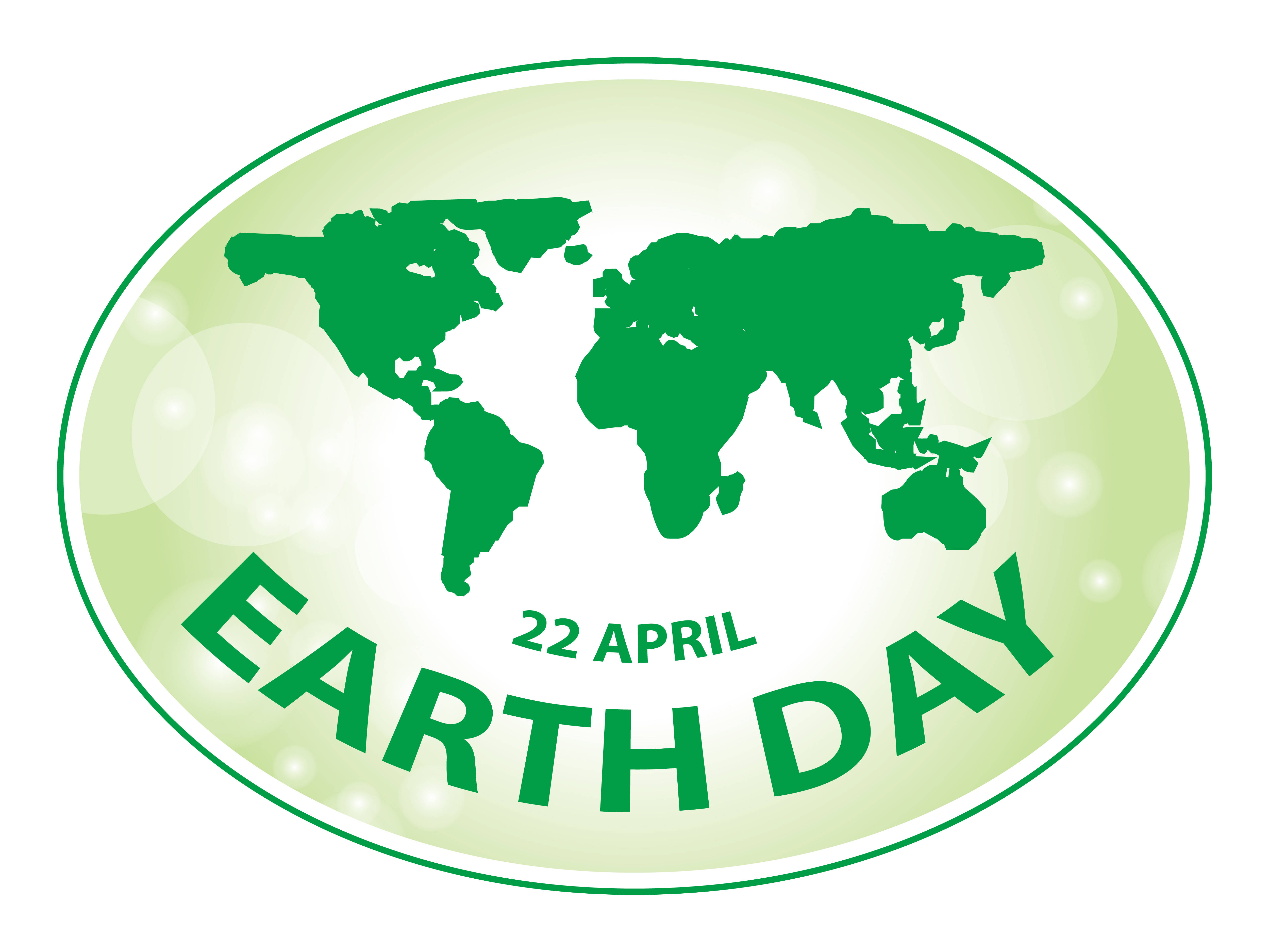 Earth Day 桌布 壁紙 — 一個綠色橢圓形標誌，帶有世界地圖輪廓和粗體文字，宣佈4月22日為地球日。
