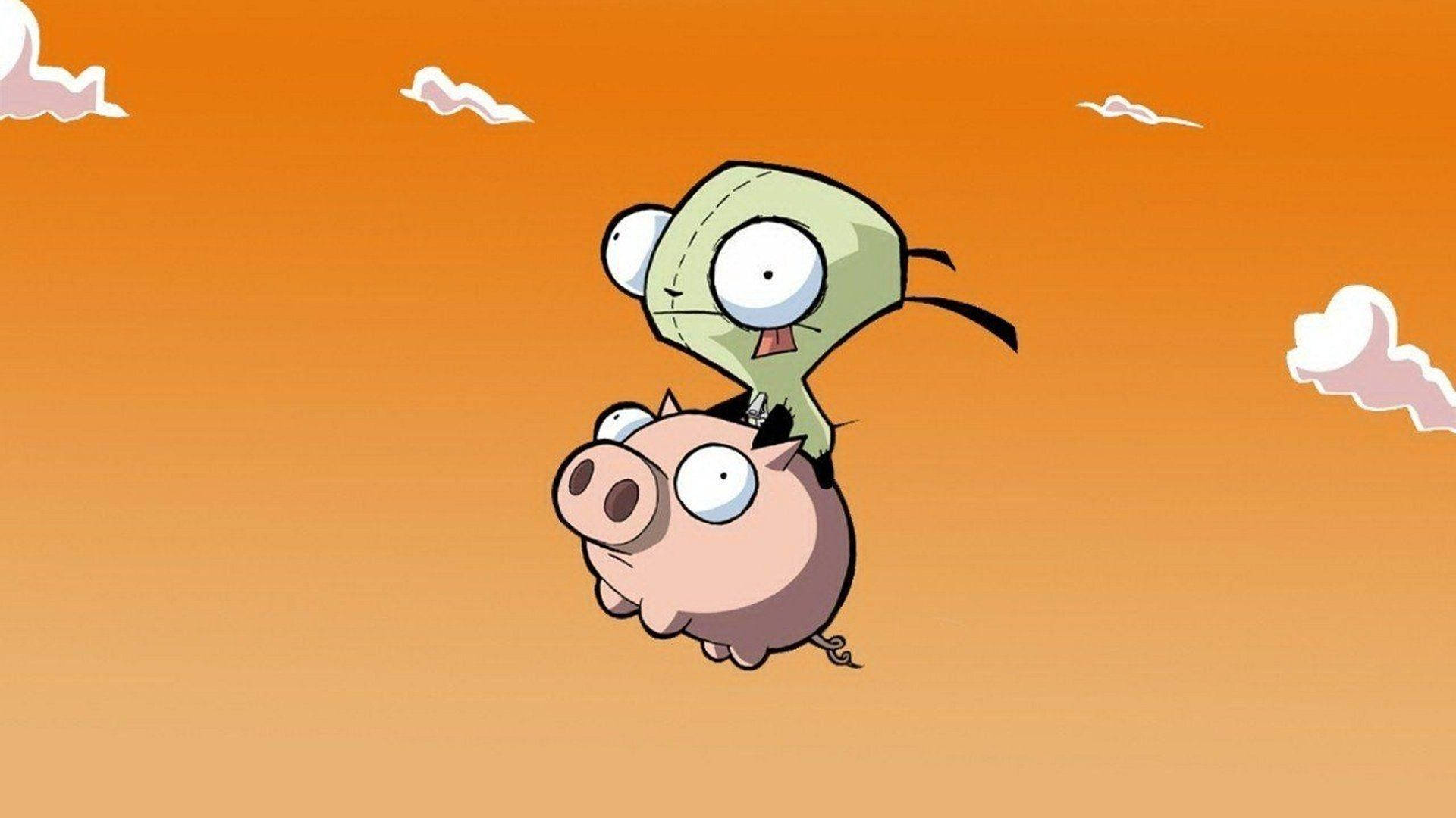 Invader Zim 桌布 壁紙 — 一個綠色殭屍角色騎著粉紅豬穿過有蓬鬆雲朵的橙色天空。