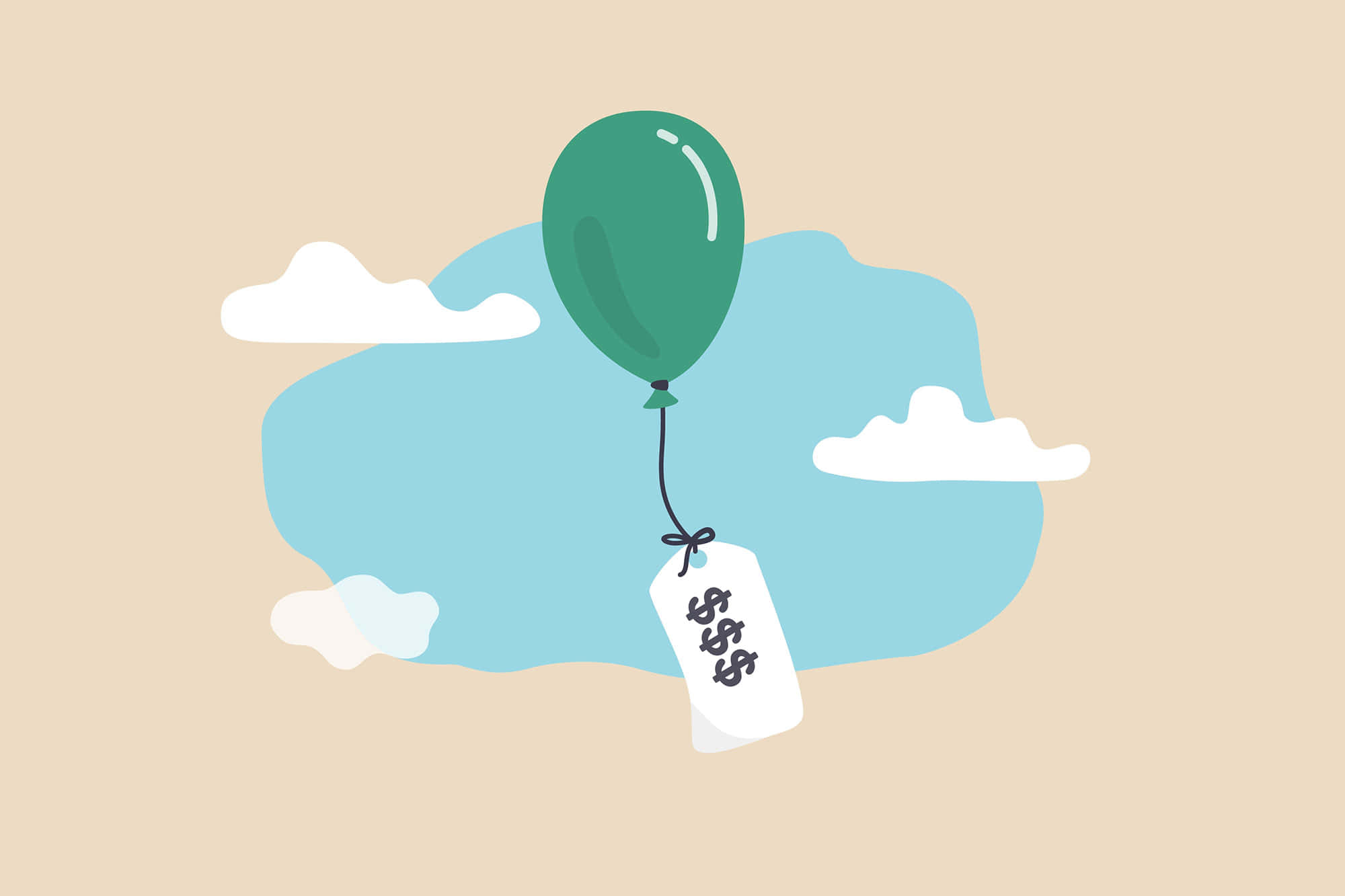 Balloon 桌布 壁紙 — 一個綠色氣球漂浮在風格化的雲朵上方，下方懸掛著一個價格標籤。
