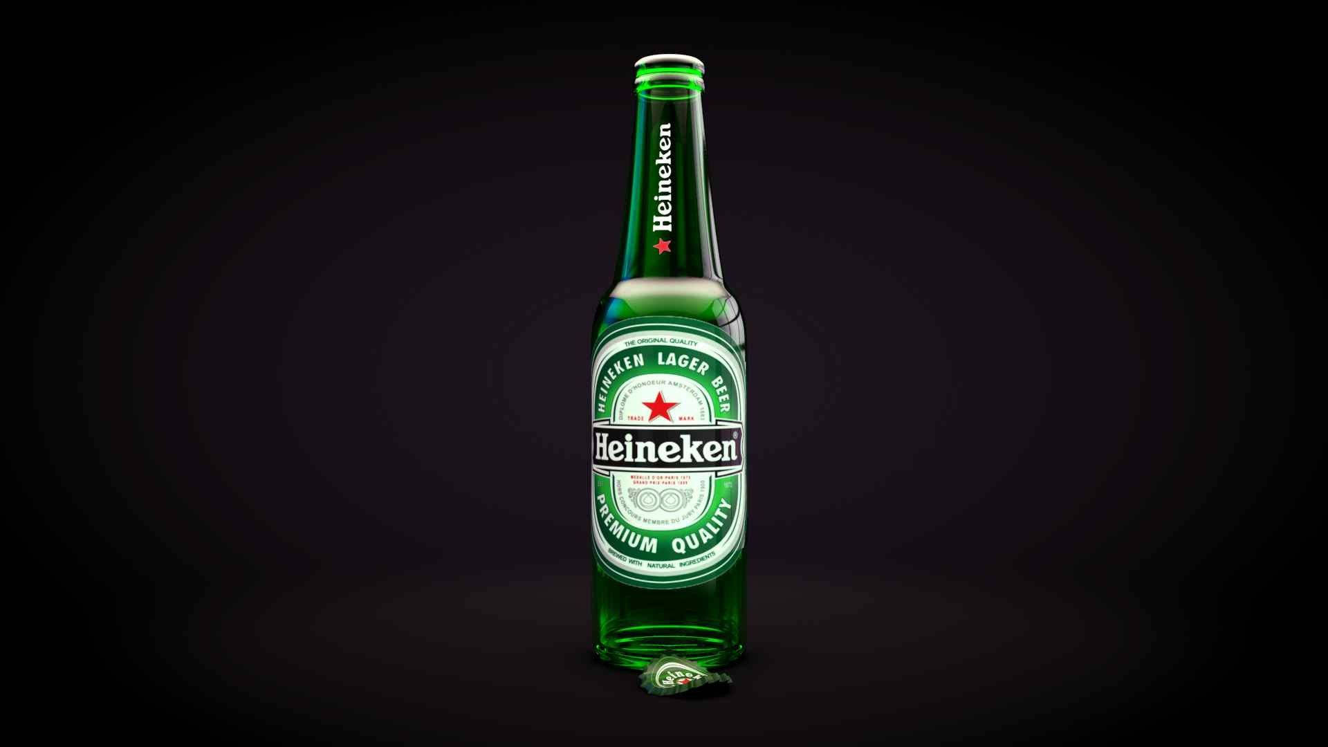 Drink 桌布 壁紙 — 一個綠色海尼根啤酒瓶在帶有柔和放射照明的深色漸變背景上居中站立。