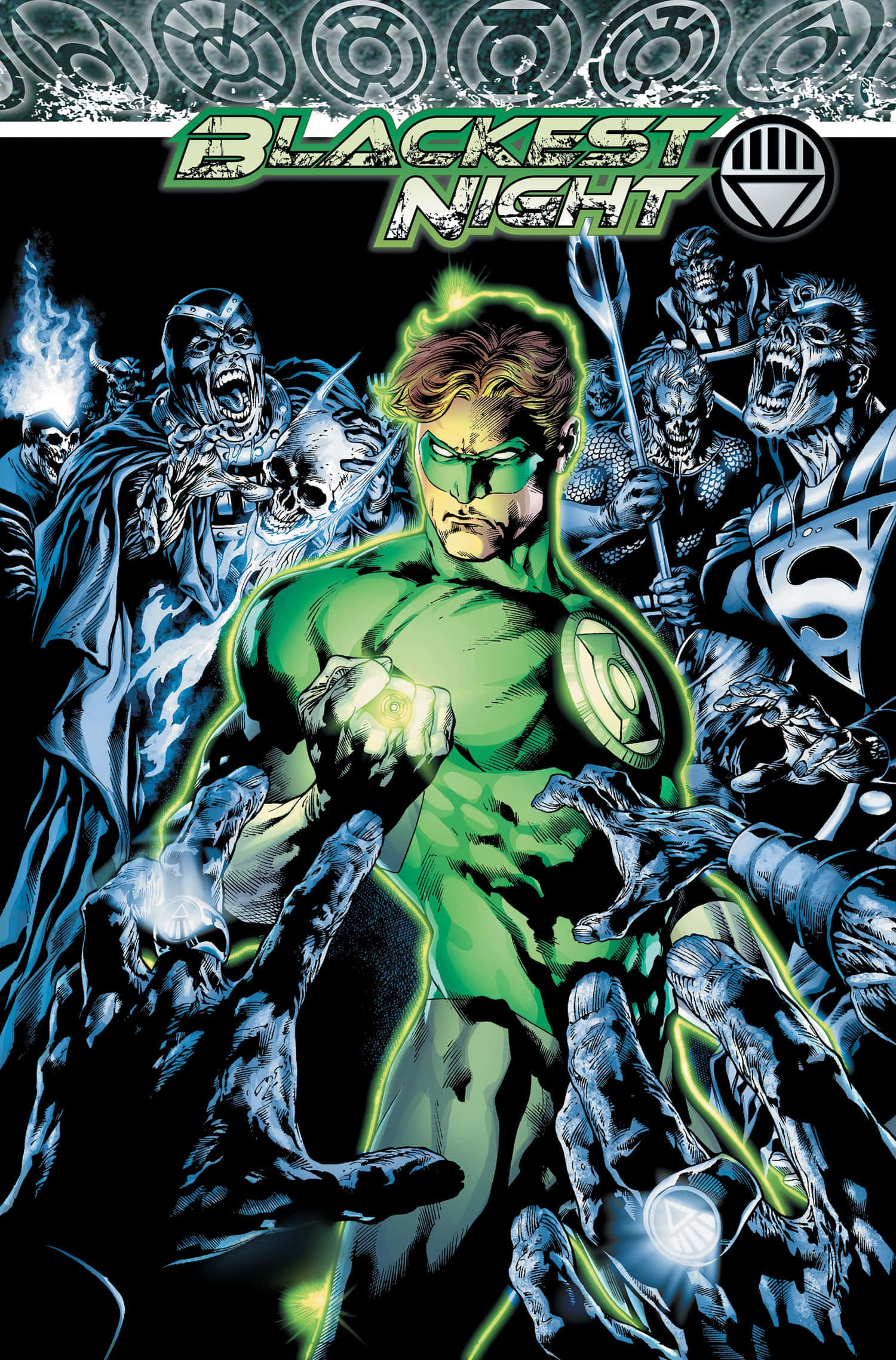 Blackest Night 桌布 壁紙 — 一個綠色燈籠英雄在名為《Blackest Night》的漫畫書封面上，挑釁地站在黑暗、骷髏般的人物包圍中。