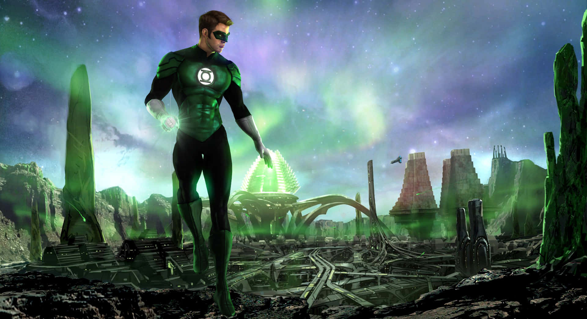 Green Lantern 桌布 壁紙 — 一個綠色燈籠超級英雄站在發光的外星遺跡中，星空下是紫色和綠色的天空。