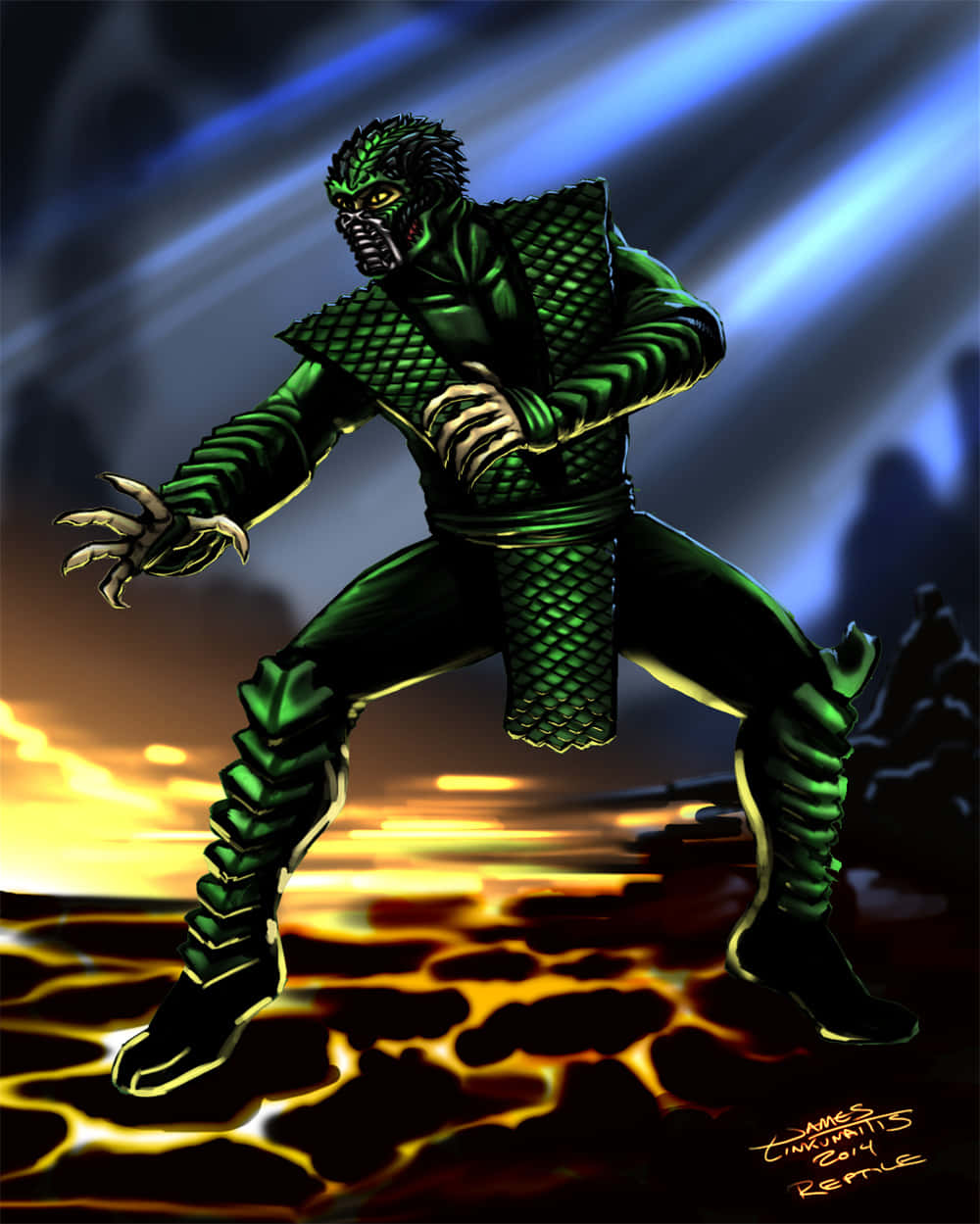 Mortal Kombat Reptile 桌布 壁紙 — 一個綠色爬蟲戰士，擁有發光的眼睛和利爪，在戲劇性的藍色和橙色燈光下站在熔岩場上。