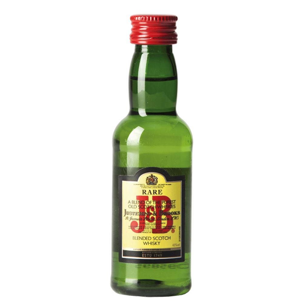 drinks 桌布 壁紙 — 一個綠色玻璃瓶的J&B Rare調和蘇格蘭威士忌，帶有紅色瓶蓋和金色標籤，立在白色背景前。