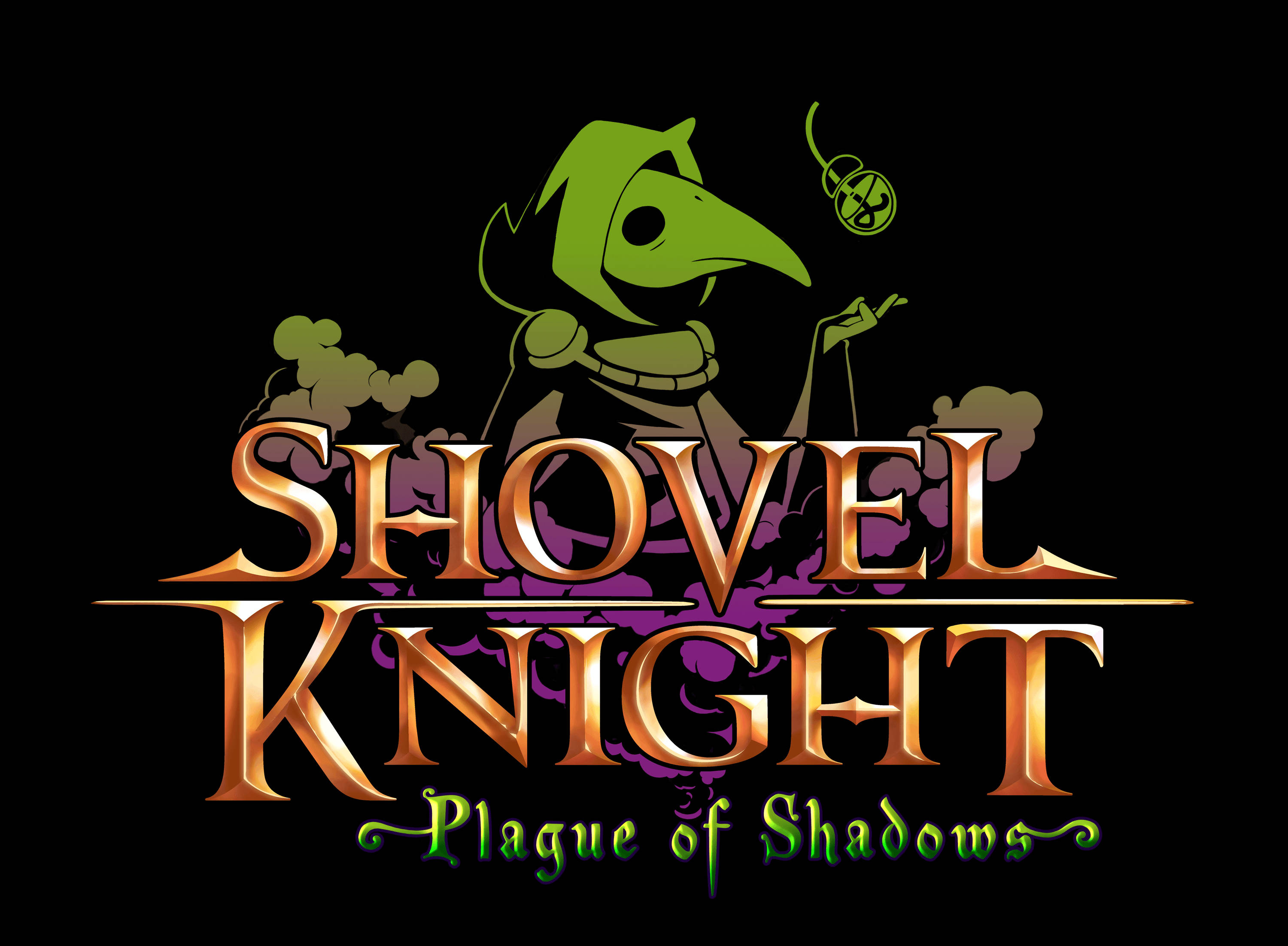 Shovel 桌布 壁紙 — 一個綠色瘟疫醫生角色在黑色背景上，手持發光球體，上方有華麗金色文字寫著 Shovel Knight Plague of Shadows。