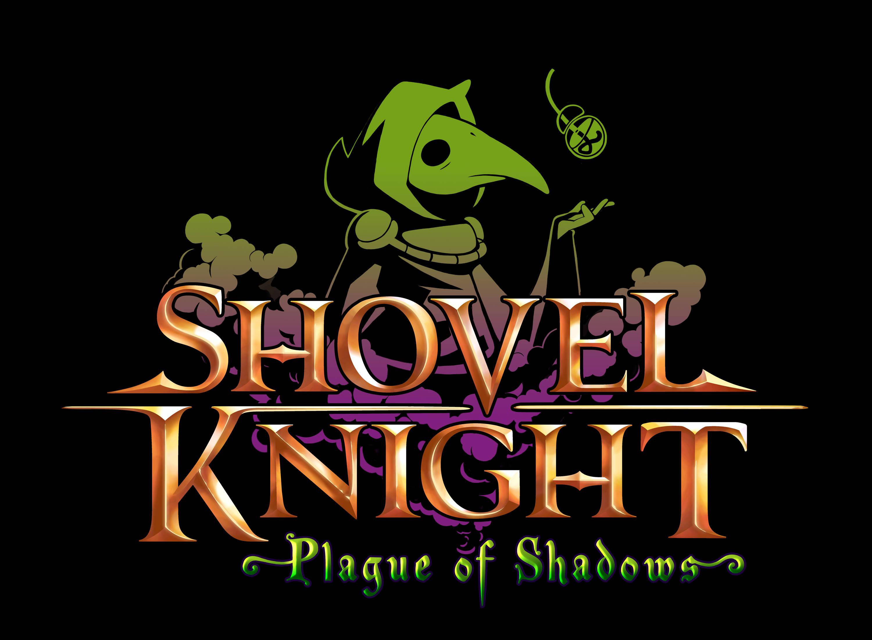 Shovel 桌布 壁紙 — 一個綠色瘟疫醫生角色在黑色背景上，於華麗的金色文字「Shovel Knight Plague of Shadows」上方手持一個發光球體。