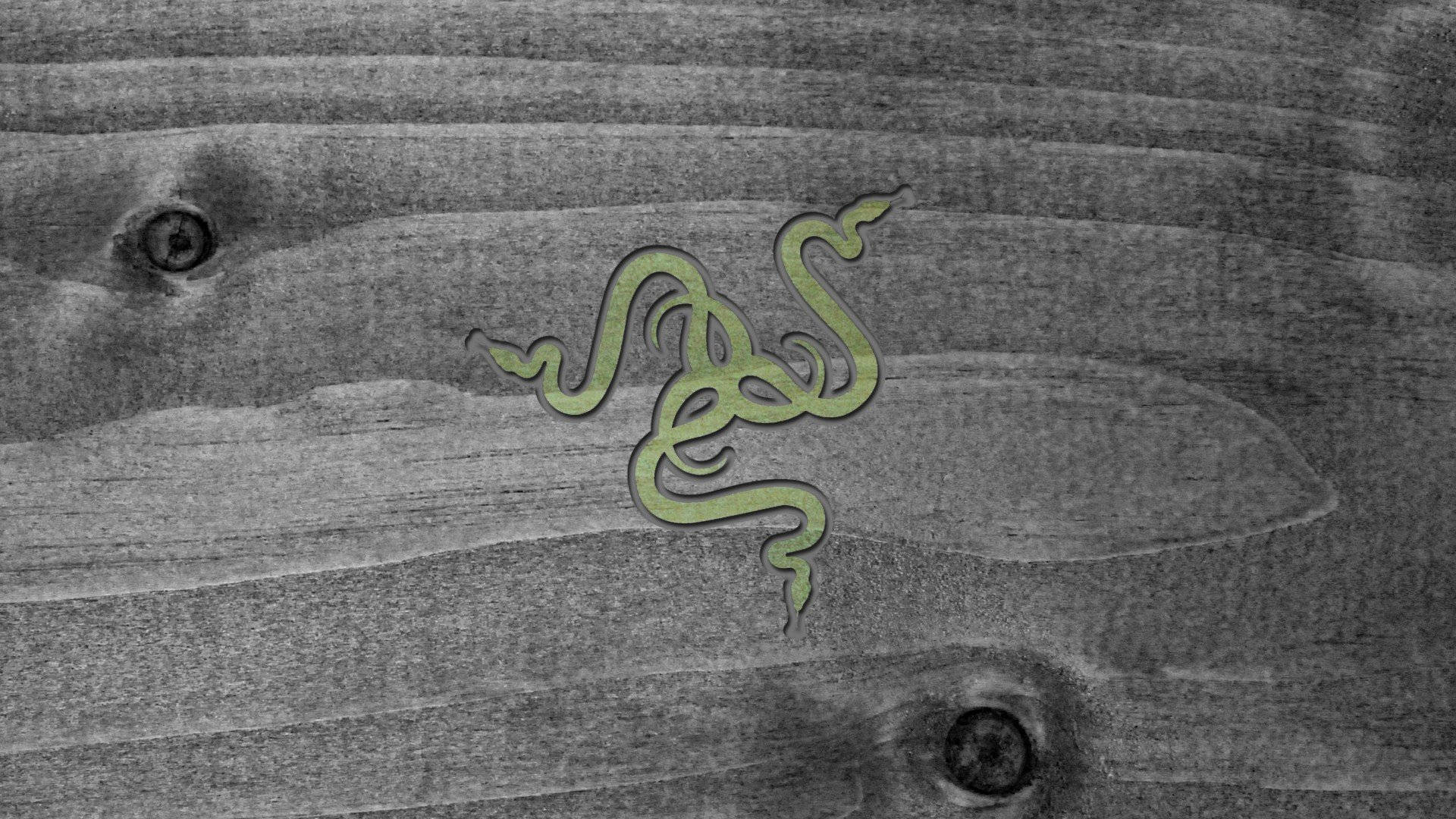 雷蛇電腦 桌布 壁紙 — 一個綠色的 Razer 標誌蜿蜒穿過風化的灰色木紋，帶有可見的節疤和紋理。