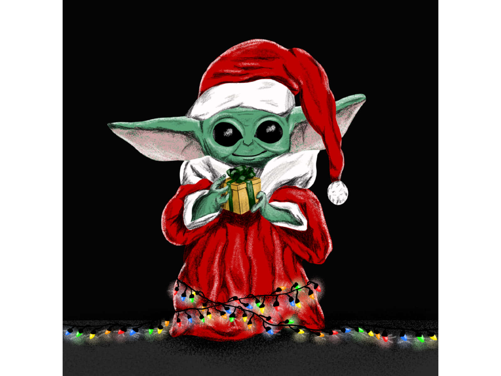 聖誕燈飾 桌布 壁紙 — 一個綠色的Baby Yoda穿著紅色聖誕老人套裝，拿著一份禮物，彩色燈光在他腳邊閃爍，背景是黑色。