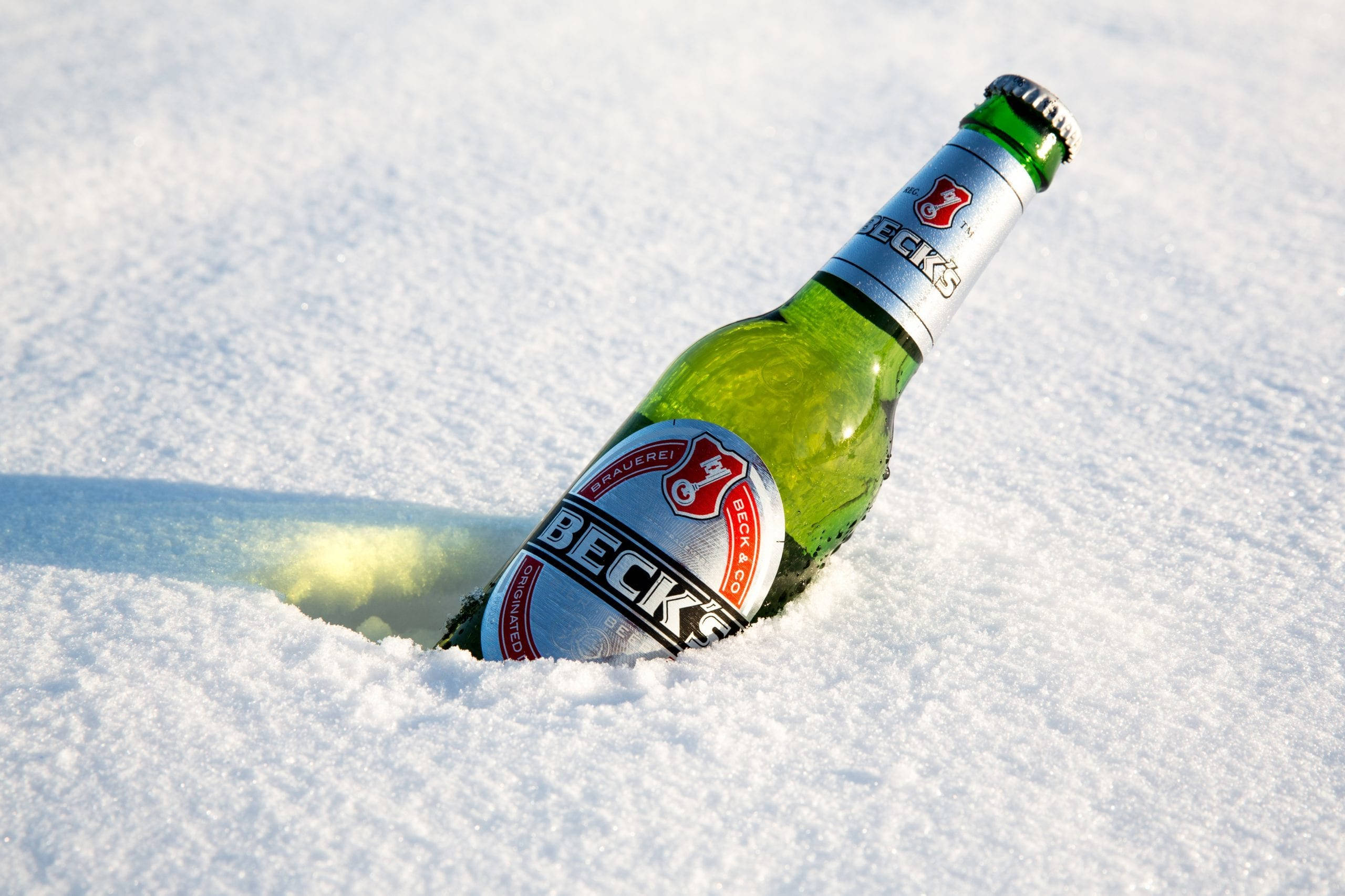Beer 桌布 壁紙 — 一個綠色的Beck's啤酒瓶半埋在新鮮雪中，在明亮陽光下投射出清晰的陰影。