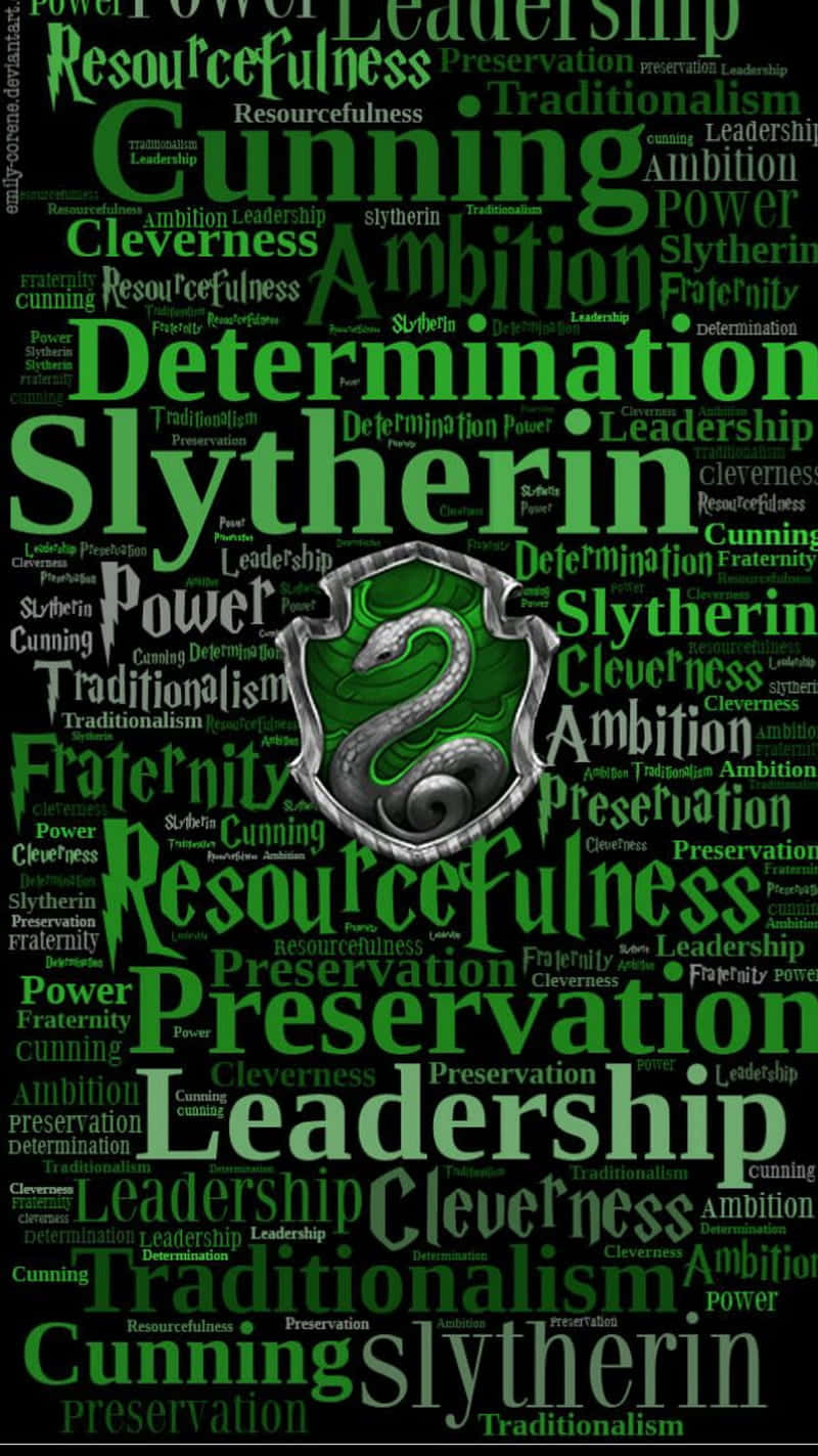 Cute Slytherin 桌布 壁紙 — 一個綠色的史萊哲林學院徽章，周圍環繞著野心、領導力和狡猾等詞語的詞雲設計。