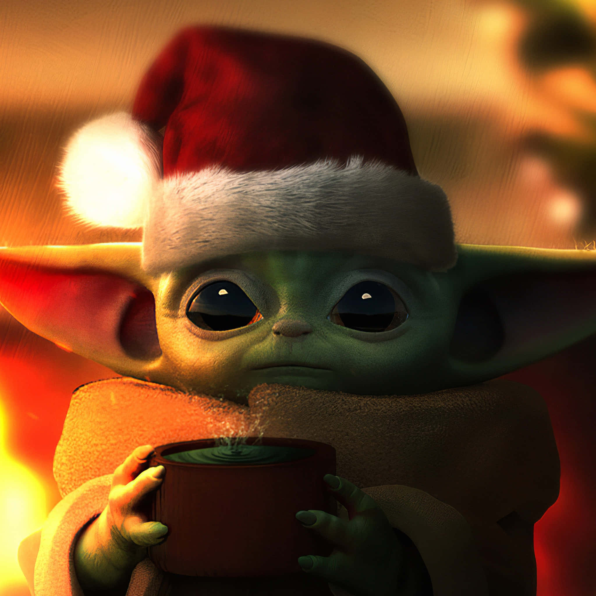 Star Wars Characters 桌布 壁紙 — 一個綠色的嬰兒尤達戴著紅色聖誕帽，在溫暖發光的背景前拿著一個冒煙的杯子。