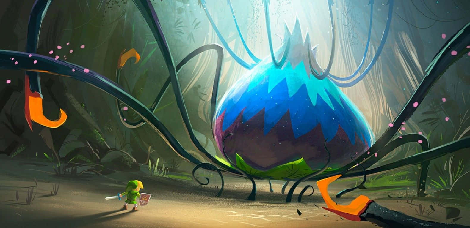 The Legend Of Zelda The Wind Waker 桌布 壁紙 — 一個綠色的小冒險家站在一個巨大的發光藍色蛋前，蛋嵌在黑暗的森林中，周圍有漂浮的粉紅色花瓣。