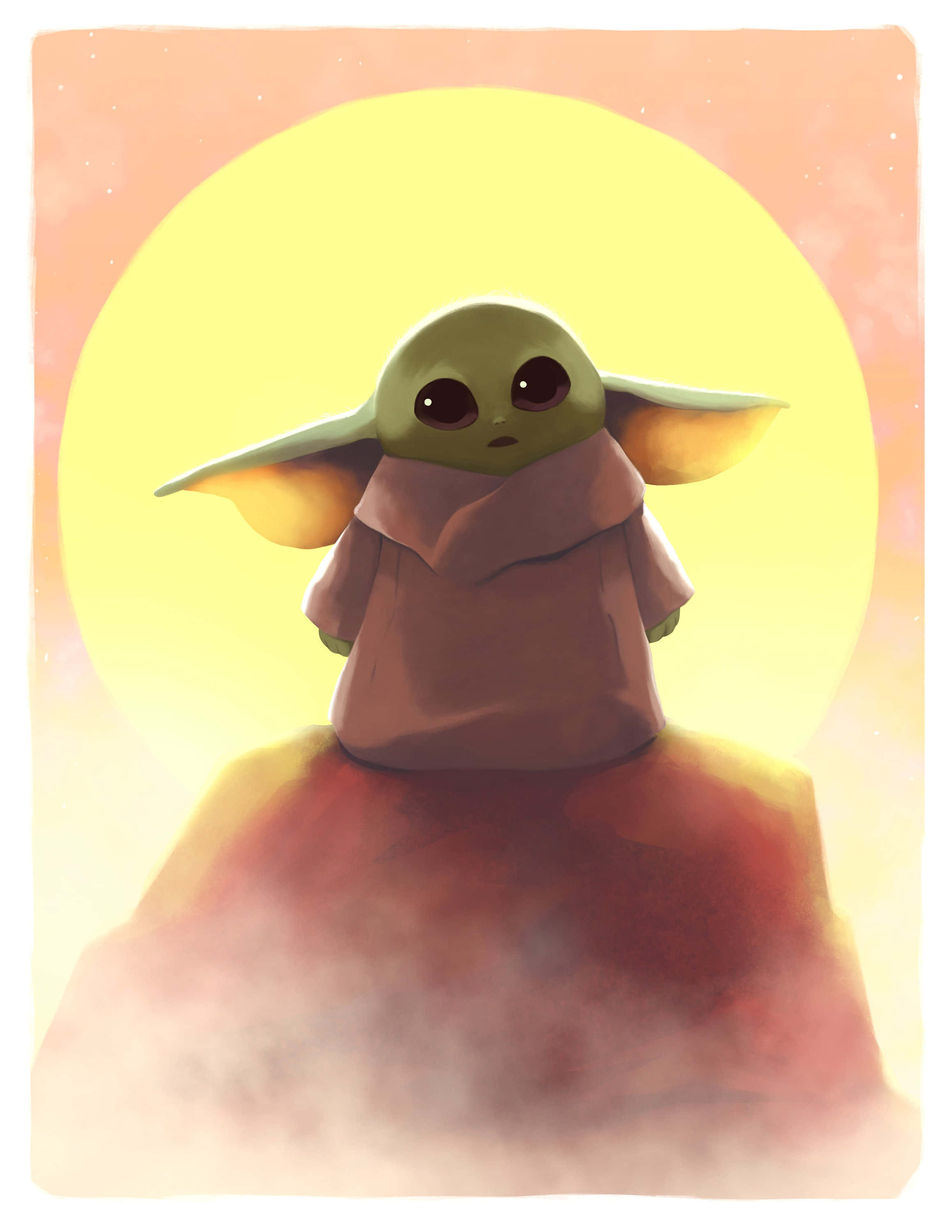 Baby Yoda Aesthetic 桌布 壁紙 — 一個綠色的小孩，有大耳朵和大眼睛，站在霧氣瀰漫的紅色岩石上，背景是發光的黃色太陽。