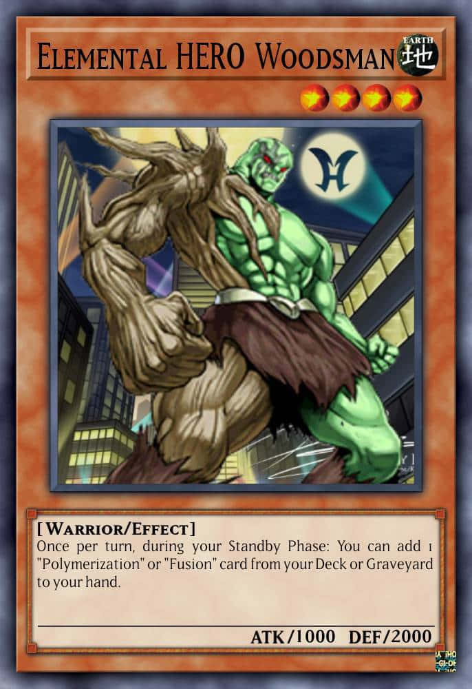 Yugioh Elemental Hero 桌布 壁紙 — 一個綠色皮膚、以樹木為主題的戰士，在月光照耀的天空下，強而有力地站在城市景觀中。