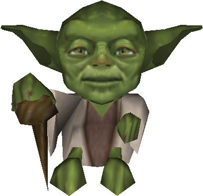 Yoda 桌布 壁紙 — 一個綠色皮膚、大耳朵、手持長杖的尤達角色，在黑色背景前以低多邊形3D風格呈現。