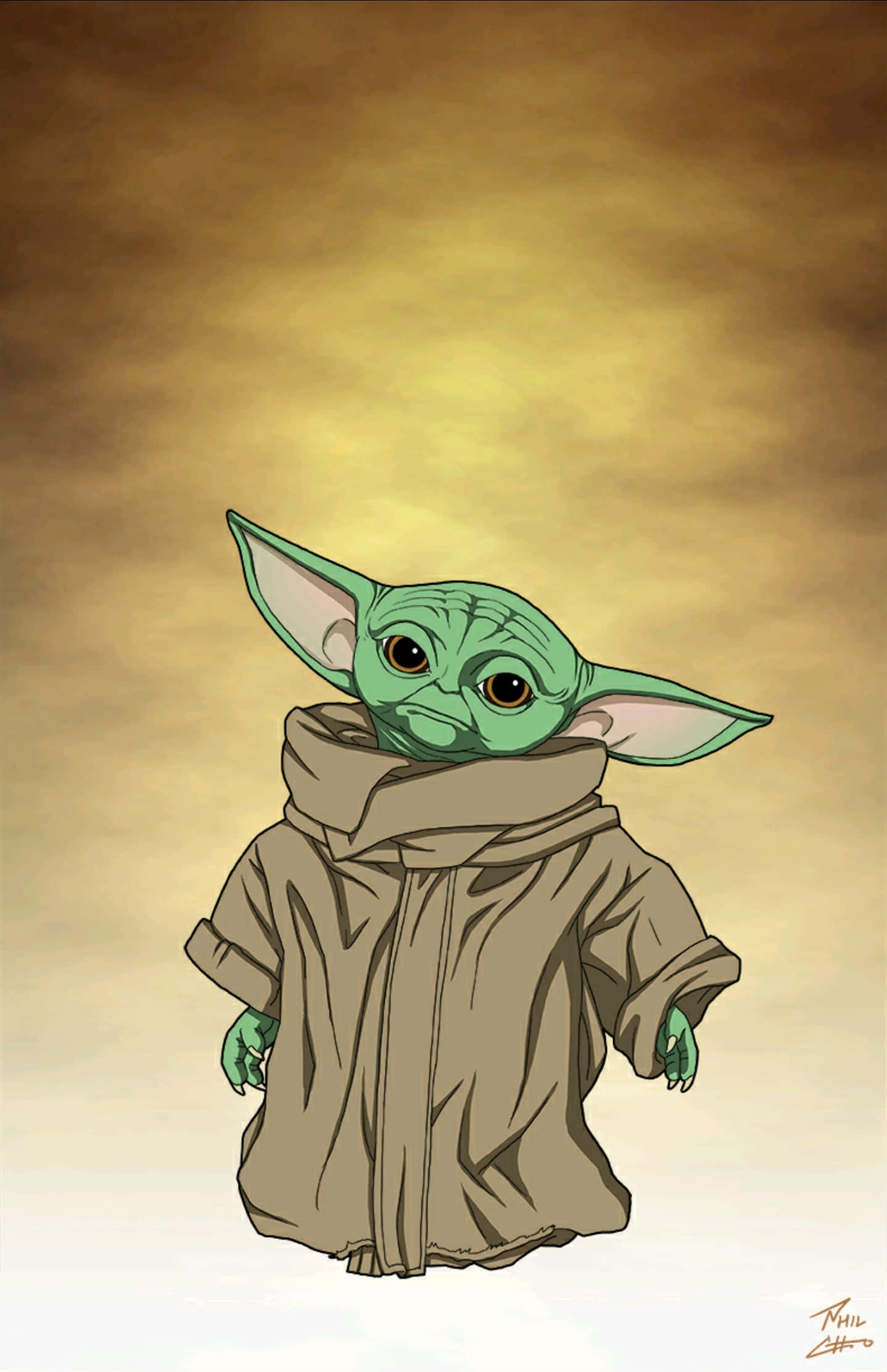 Baby Yoda Aesthetic 桌布 壁紙 — 一個綠色皮膚、大耳朵、穿著棕色長袍的孩子站在溫暖的金色天空下。