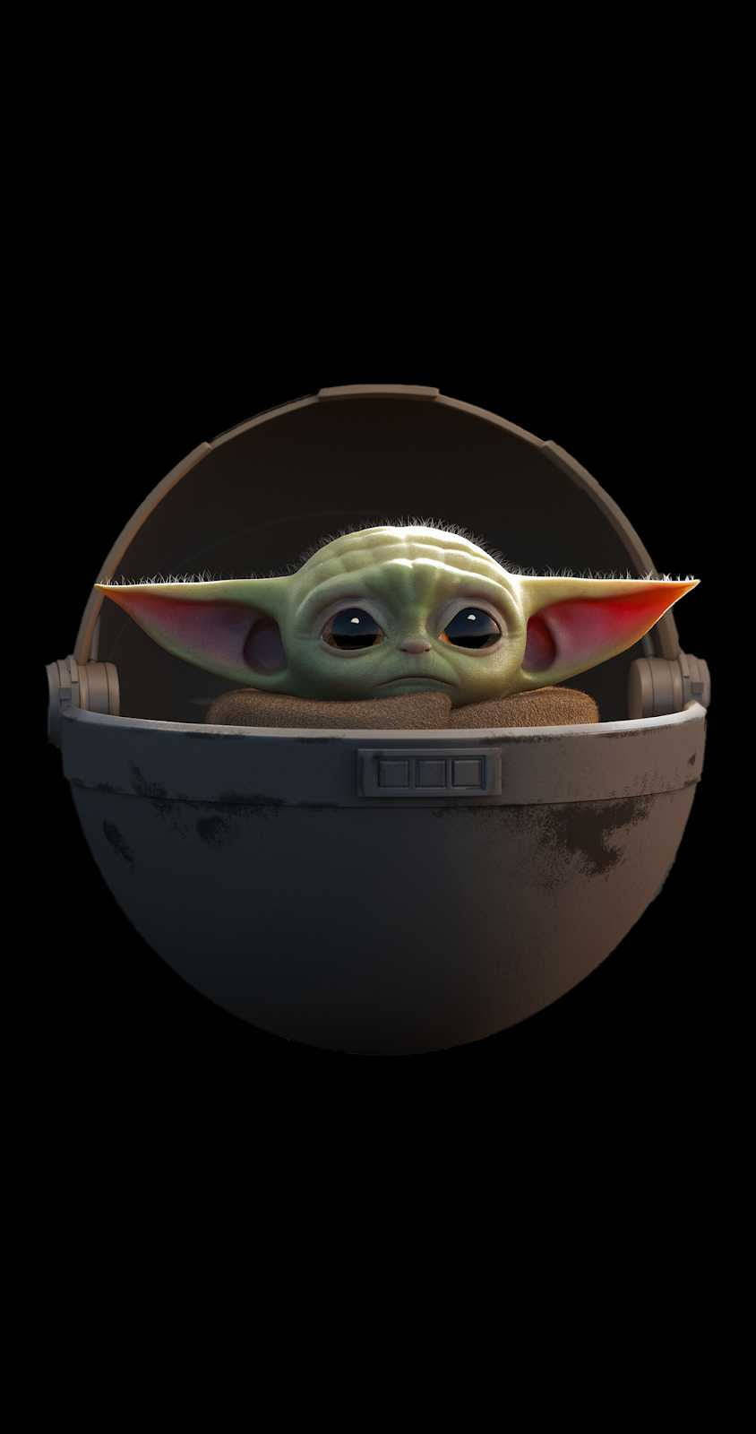 Mandalorian And Baby Yoda 桌布 壁紙 — 一個綠色皮膚、大耳朵的嬰兒從一個破舊的金屬艙中探出頭來，背景是黑色的。