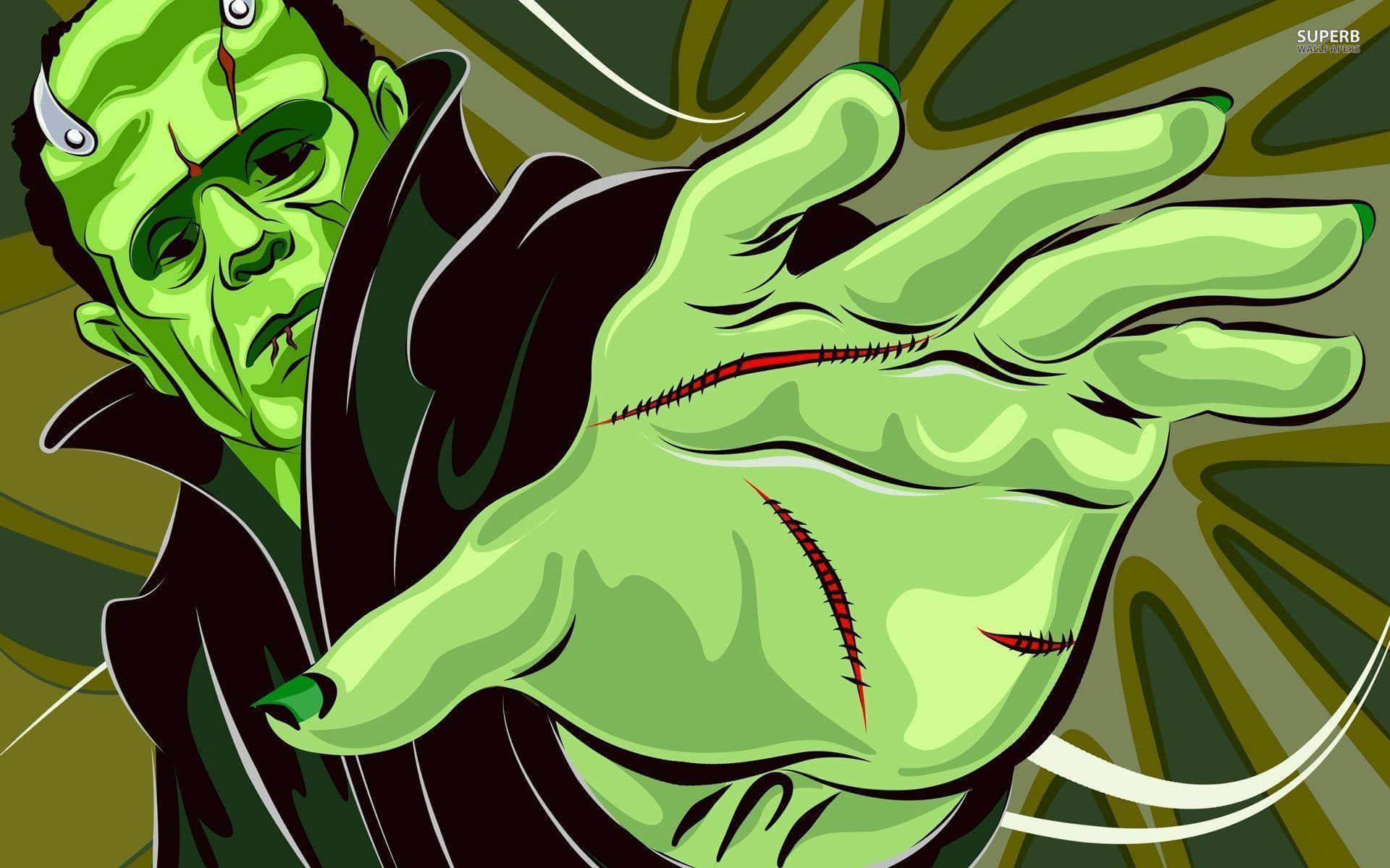 Frankenstein 桌布 壁紙 — 一個綠色皮膚、帶有縫合傷口的科學怪人怪物，在旋轉的深綠色背景前伸出手。
