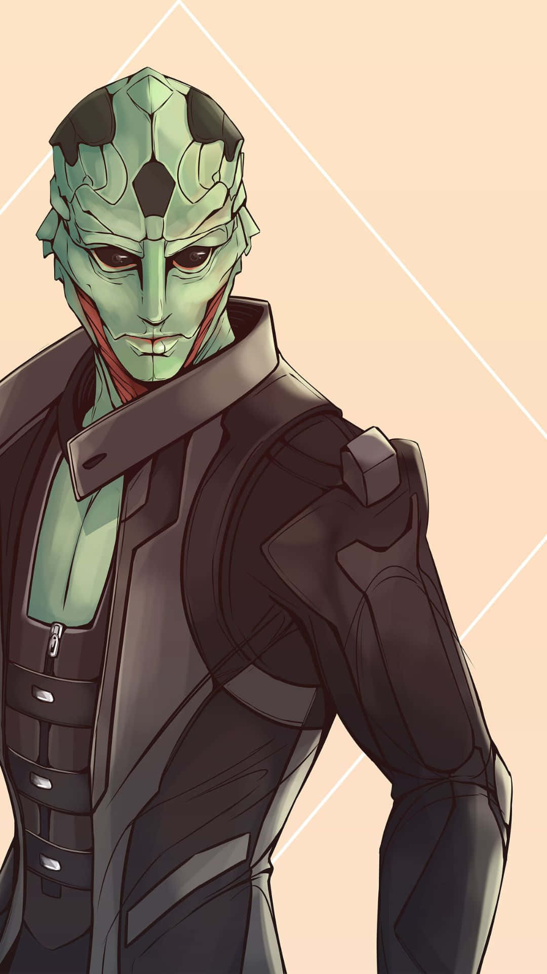 Thane Krios 桌布 壁紙 — 一個綠色皮膚、帶有黑色斑紋和紅色點綴的外星人，穿著深色裝甲外套，背景是米色帶白色幾何線條。
