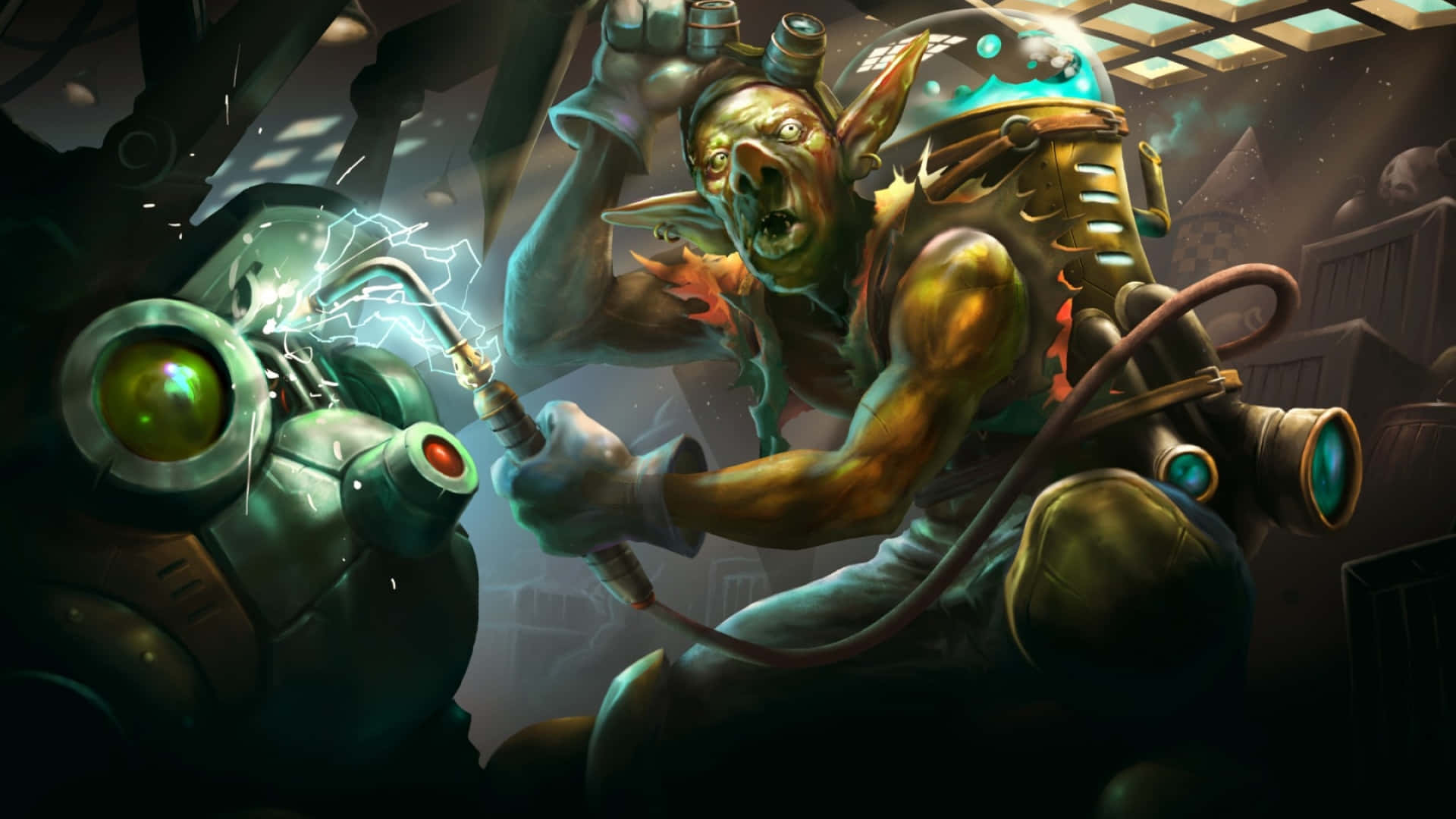 1920x1080 Hearthstone 桌布 壁紙 — 一個綠色皮膚、戴著頭盔的哥布林焊工在昏暗的工業車間裡修理機械臂時，強烈地迸發火花。
