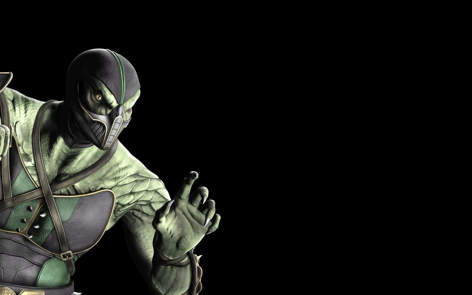 Mortal Kombat Reptile 桌布 壁紙 — 一個綠色皮膚、戴黑色面具和盔甲的兇猛忍者，蹲在純黑背景前。