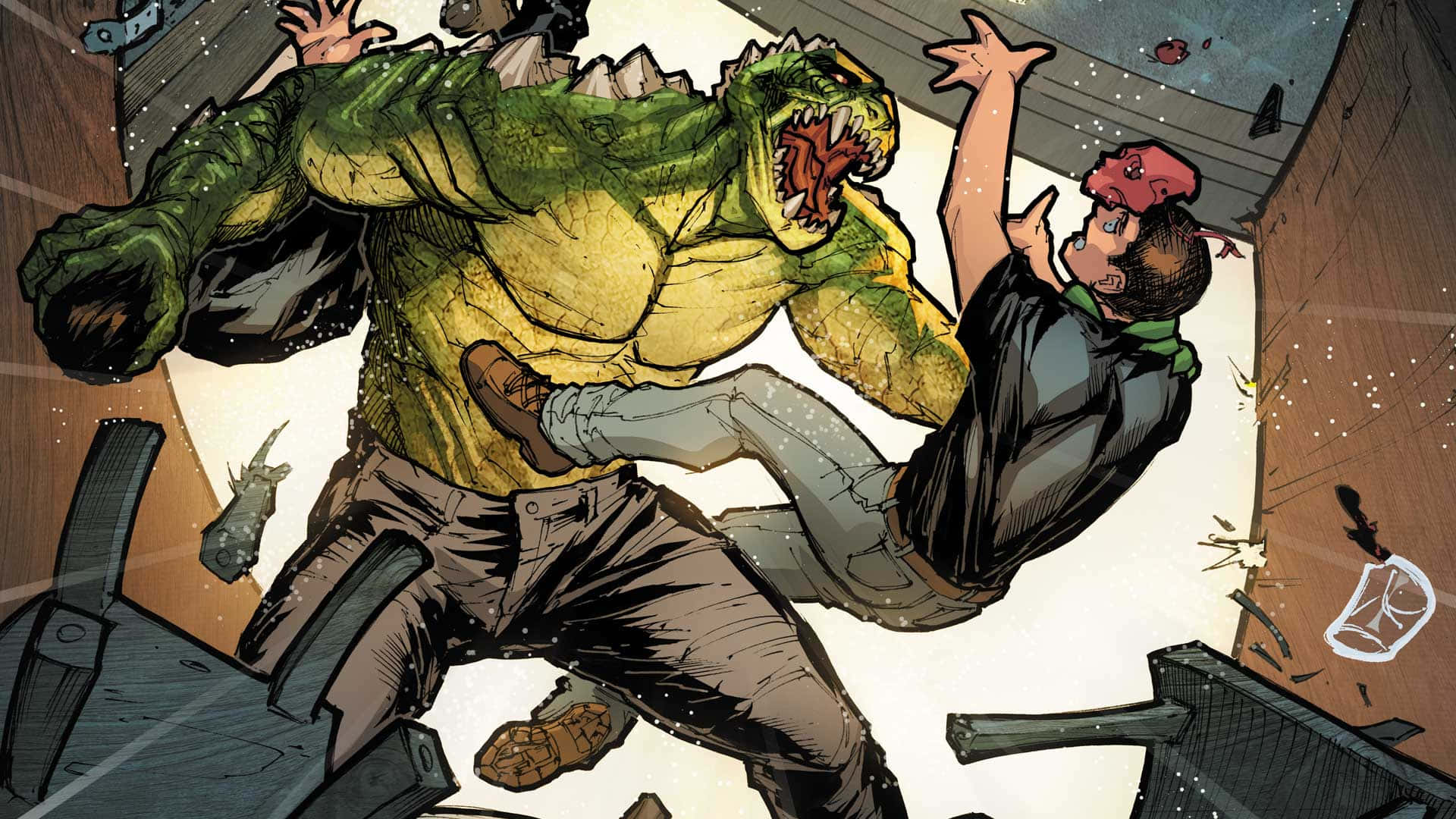Killer Croc 桌布 壁紙 — 一個綠色皮膚、擁有尖牙和利爪的怪物般人形生物，在破碎的瓦礫和飛舞的物體中攻擊一名身穿深色襯衫的男子。