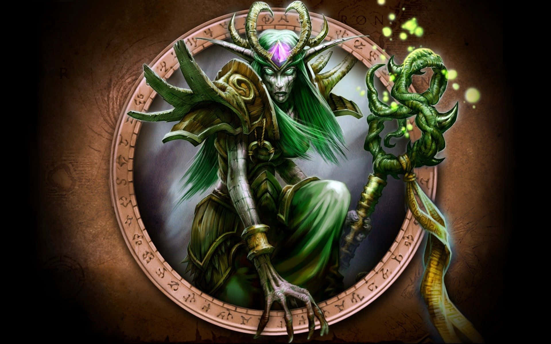 World Of Warcraft Races 桌布 壁紙 — 一個綠色皮膚、有角、眼睛發光的惡魔女巫坐在一個圓形奧術印記內，揮舞著一條蛇形法杖。